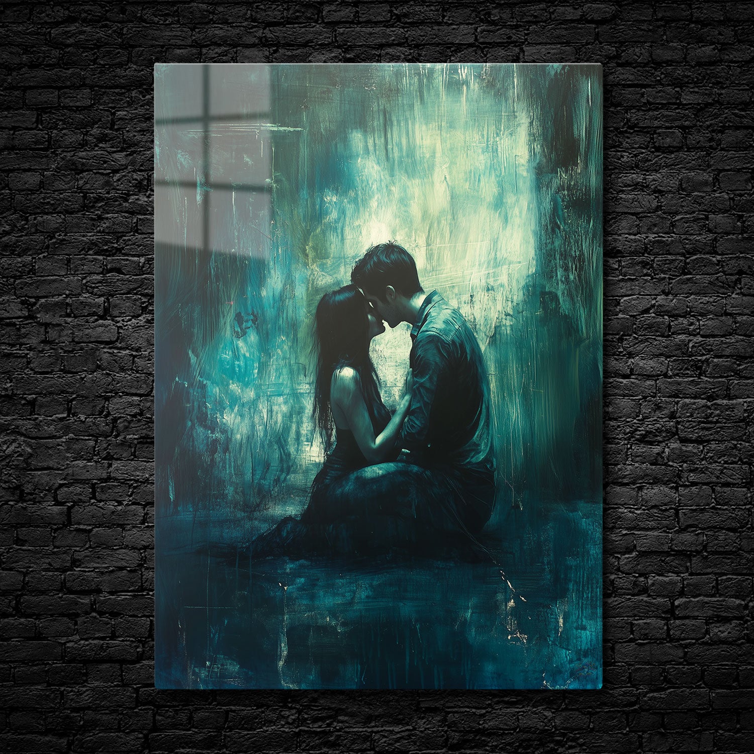An abstract painting of a couple embracing in a dark, atmospheric setting with deep blues and greens.