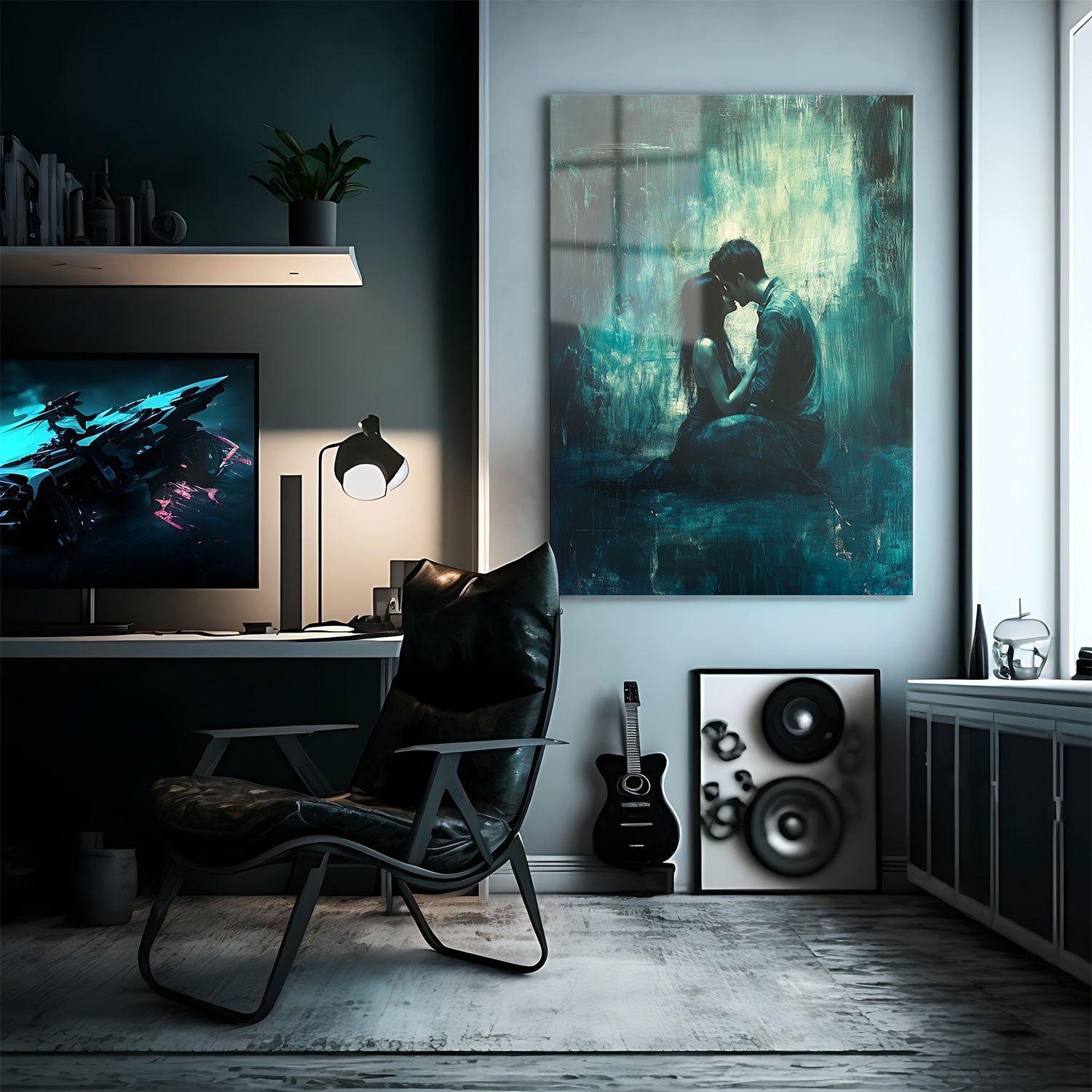 A captivating and intimate artwork capturing a tender moment between a couple in an abstract, moody setting.