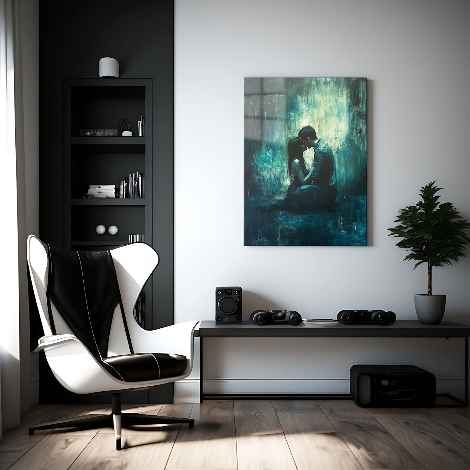 The scene is bathed in deep blues and greens, evoking a sense of mystery and emotion.