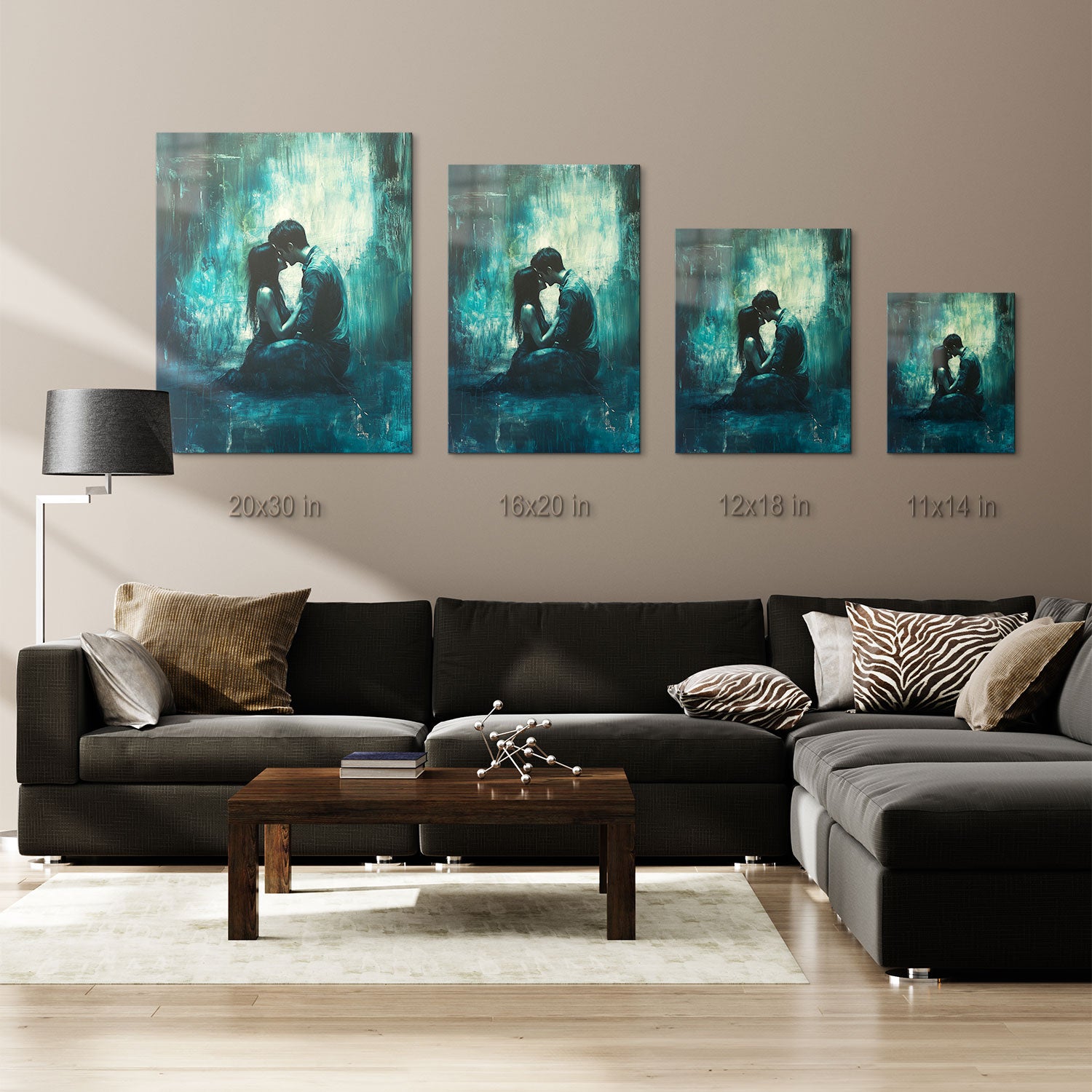 The textured brushstrokes enhance the raw, unspoken connection between the figures, making it a powerful piece for those who appreciate both romance and artistic depth.