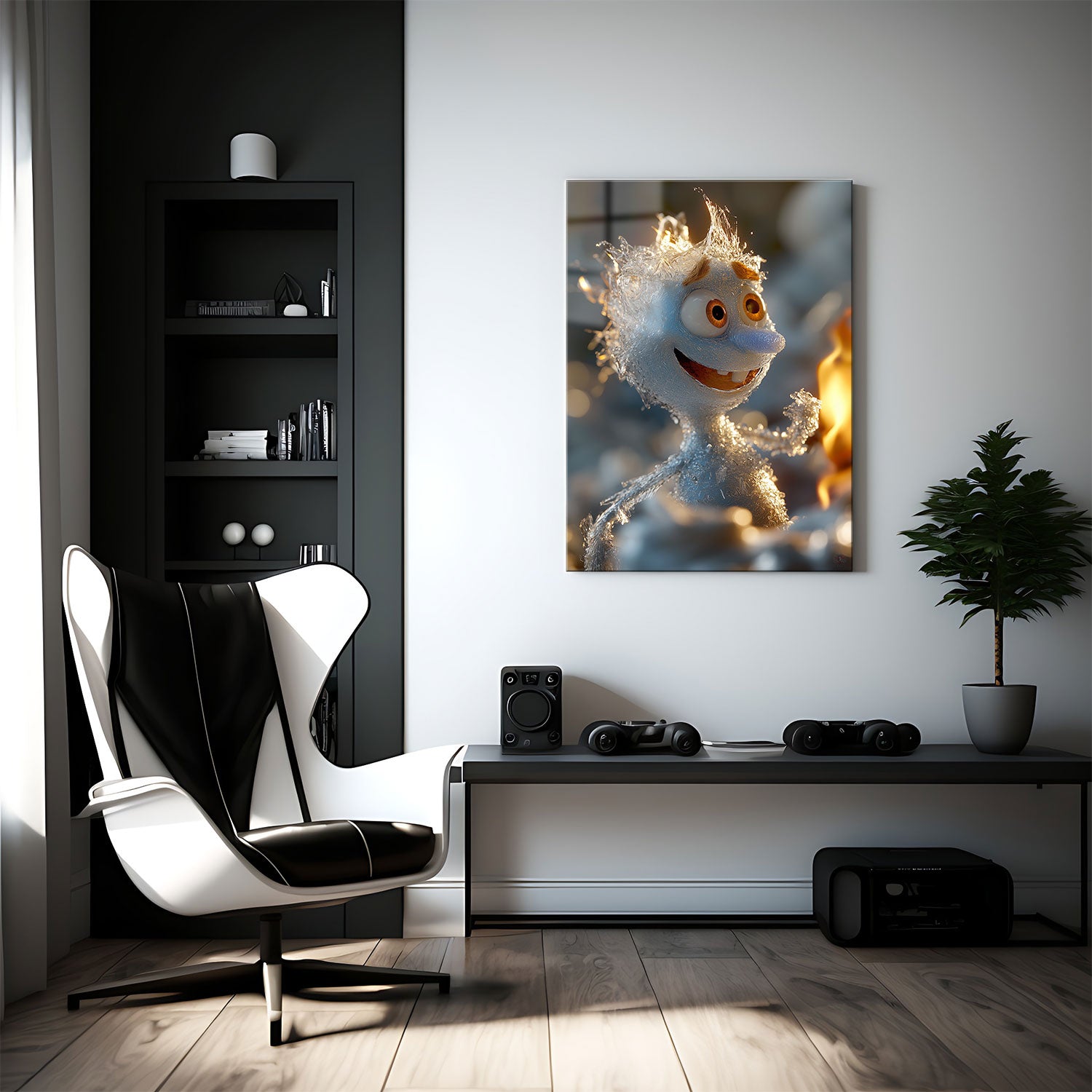 His expressive face, large joyful eyes, and frosted features capture the enchanting contrast of ice and fire, bringing warmth to a frozen form.