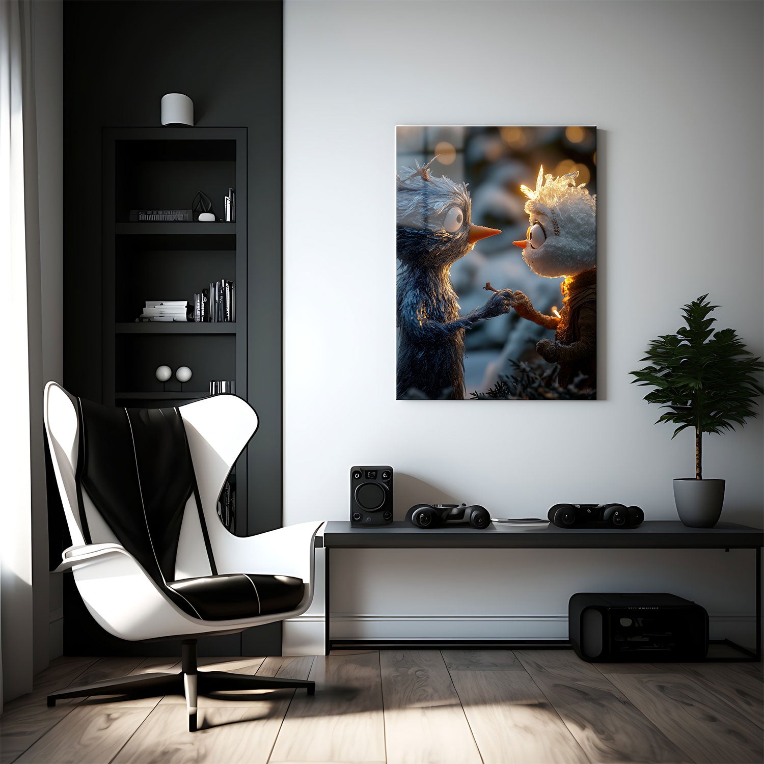 Crafted with meticulous detail, the characters' icy textures and expressive faces tell a story of warmth and friendship amidst a cold, snowy setting.