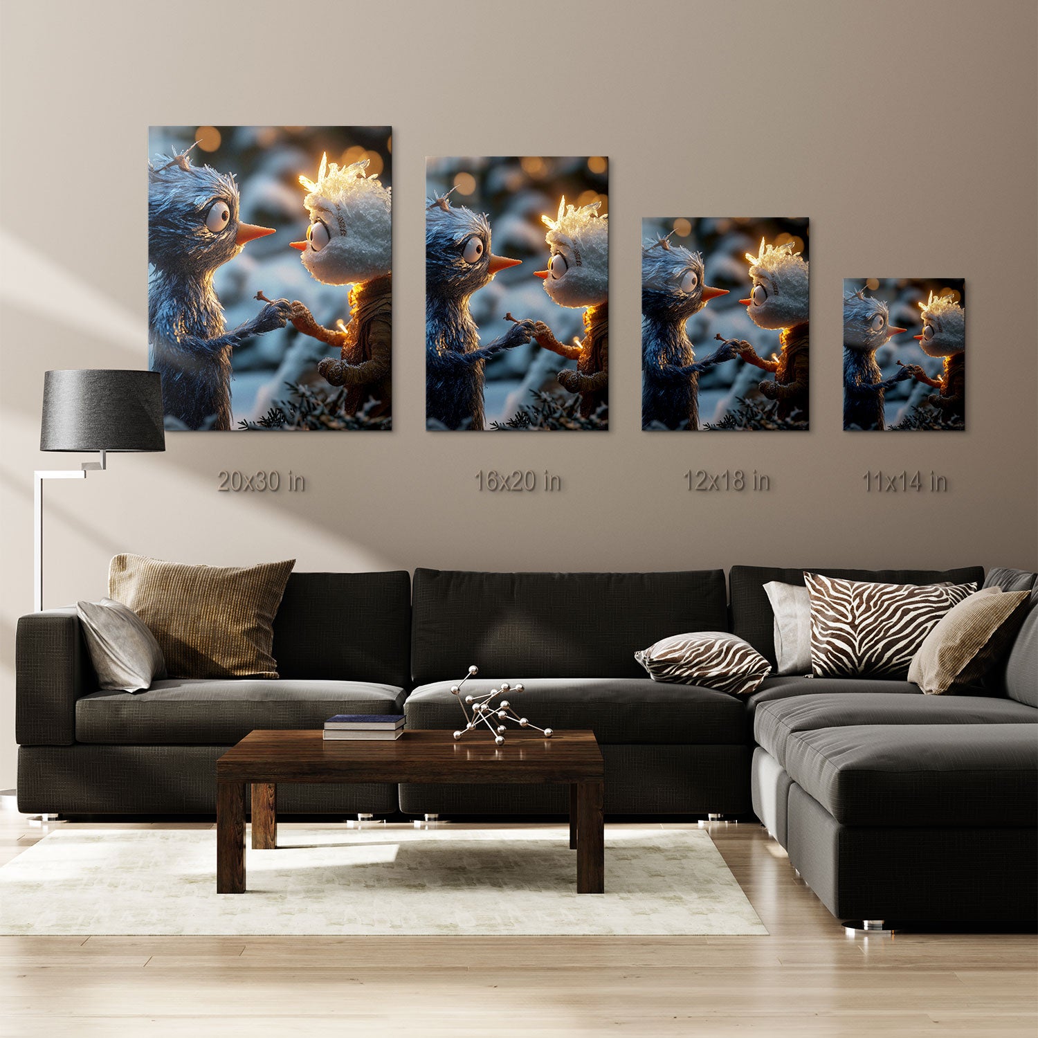 The subtle glow of light illuminates their faces, adding a touch of magic and wonder to the scene, making it a charming addition to any collection that celebrates the beauty of winter and companionship.