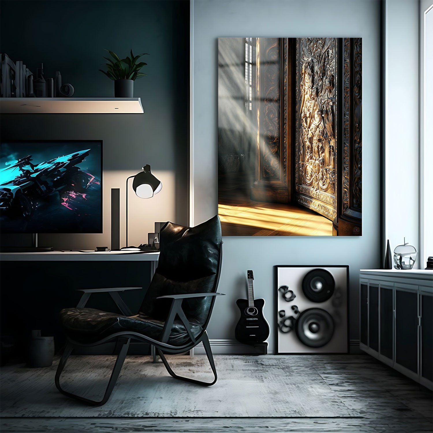 This captivating artwork portrays a grand Baroque-style door, intricately carved and illuminated by beams of golden sunlight filtering through a nearby window.