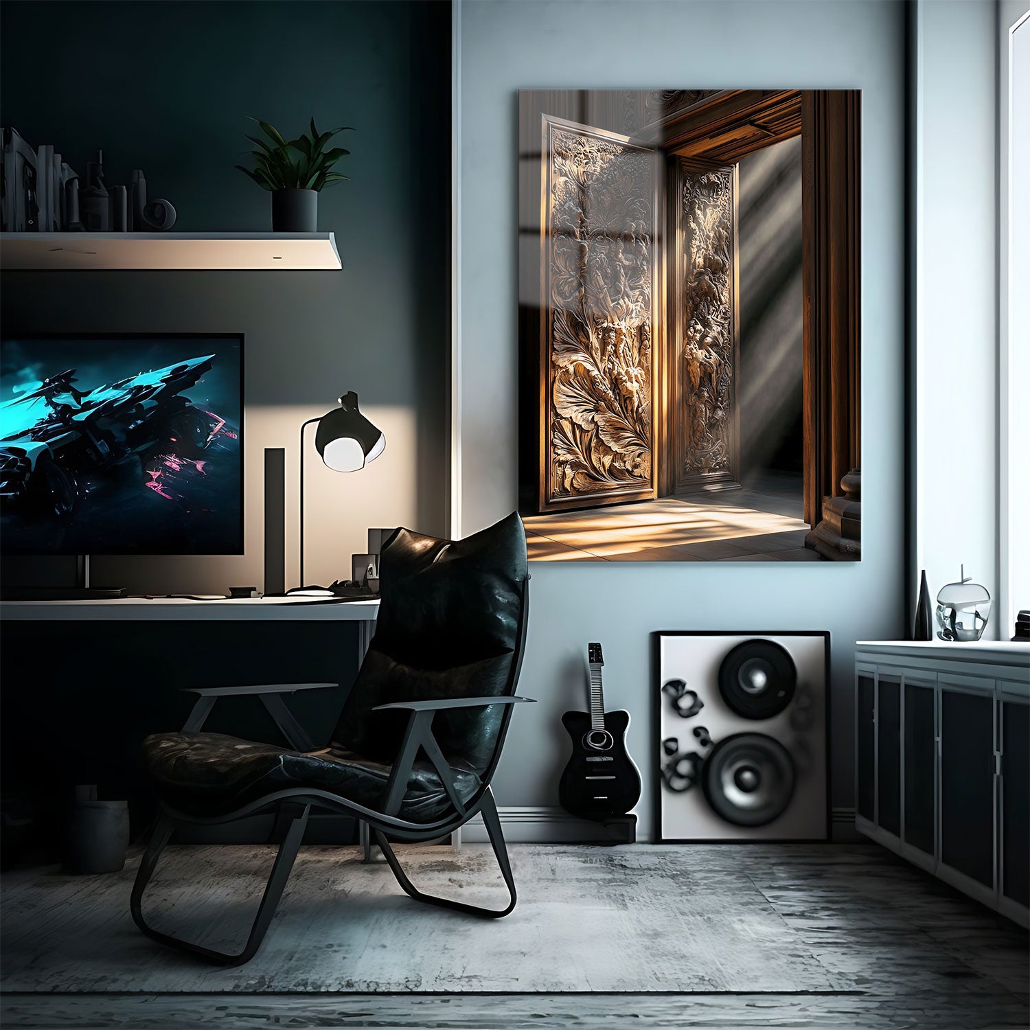 This stunning artwork captures a massive baroque-style wooden door bathed in warm, golden light. The intricate carvings tell a story of nature and mythology, with details of swirling foliage and figures in graceful poses.