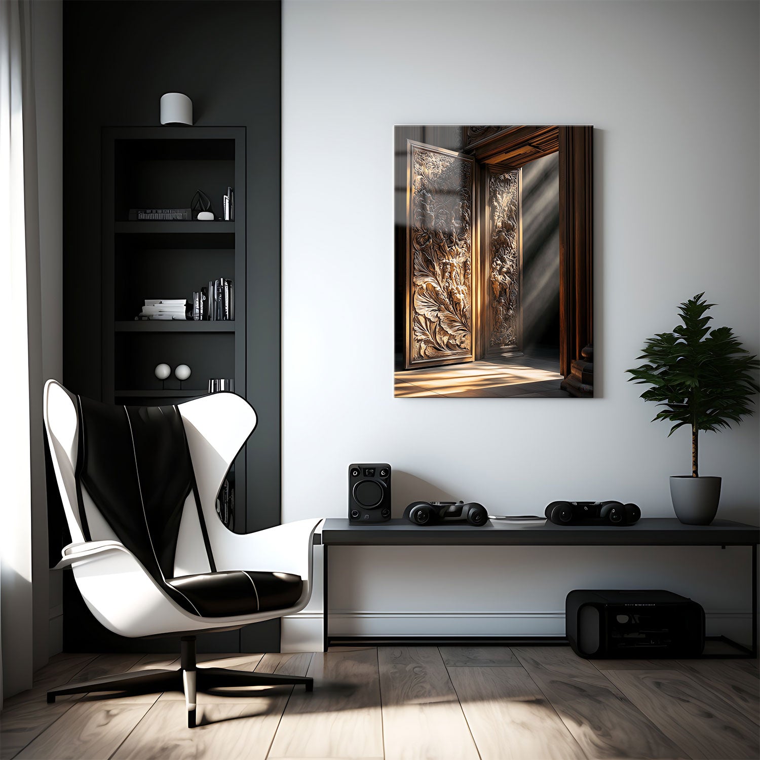 The interplay of shadows and highlights enhances the depth of each carved element, creating a doorway that feels both timeless and inviting.