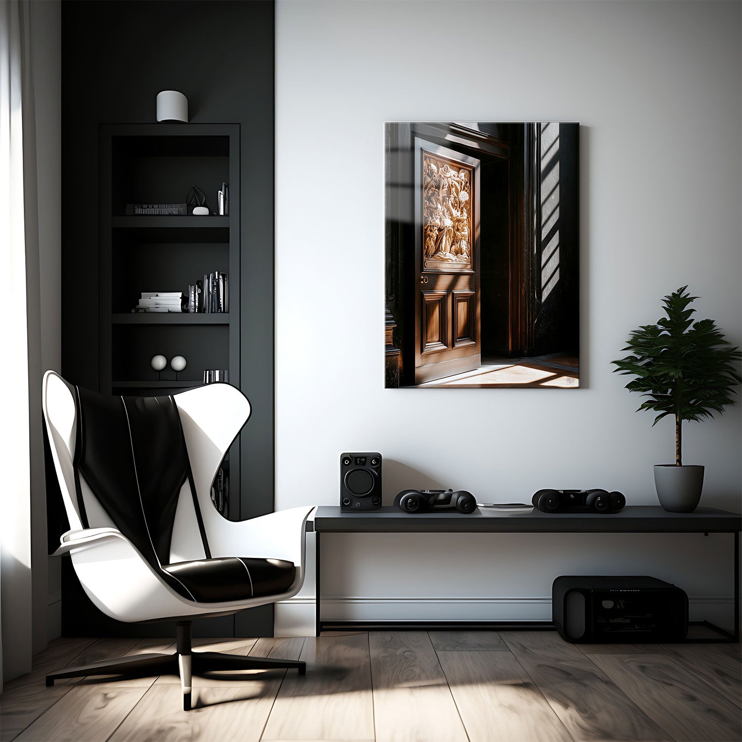 Bathed in natural light filtering through adjacent windows, the rich, dark wood gleams with warmth, highlighting every detail of the carved figures and patterns.