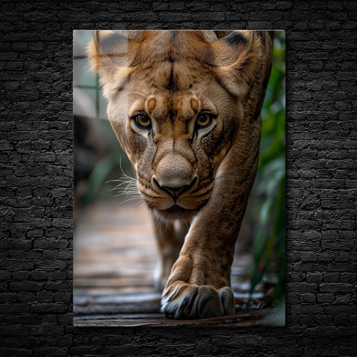 A close-up shot of a lioness walking gracefully on a wooden path, with intense focus in her eyes and detailed textures of her fur and paws.