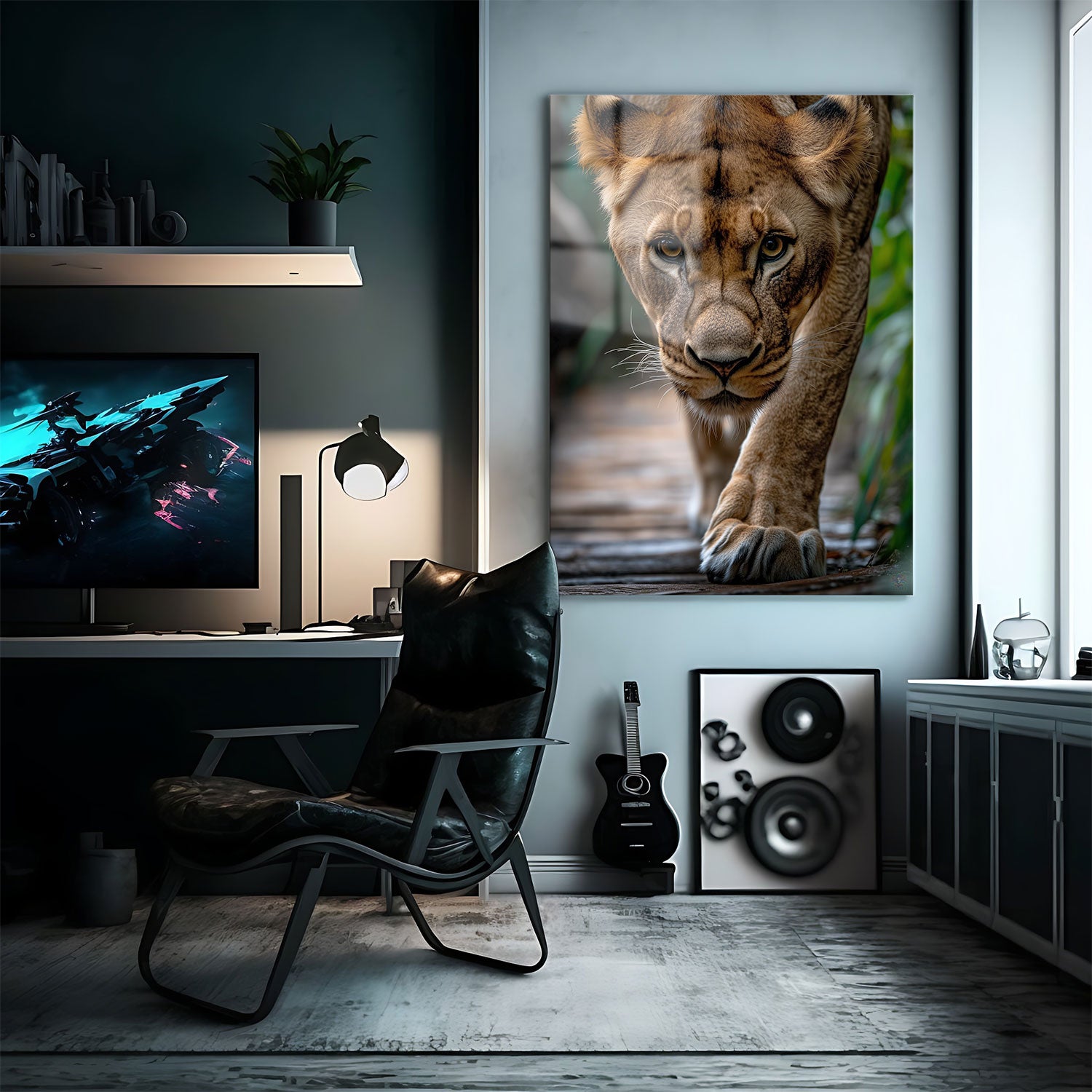 This striking portrait captures the focused gaze of a lioness as she moves gracefully and purposefully across a wooden path.
