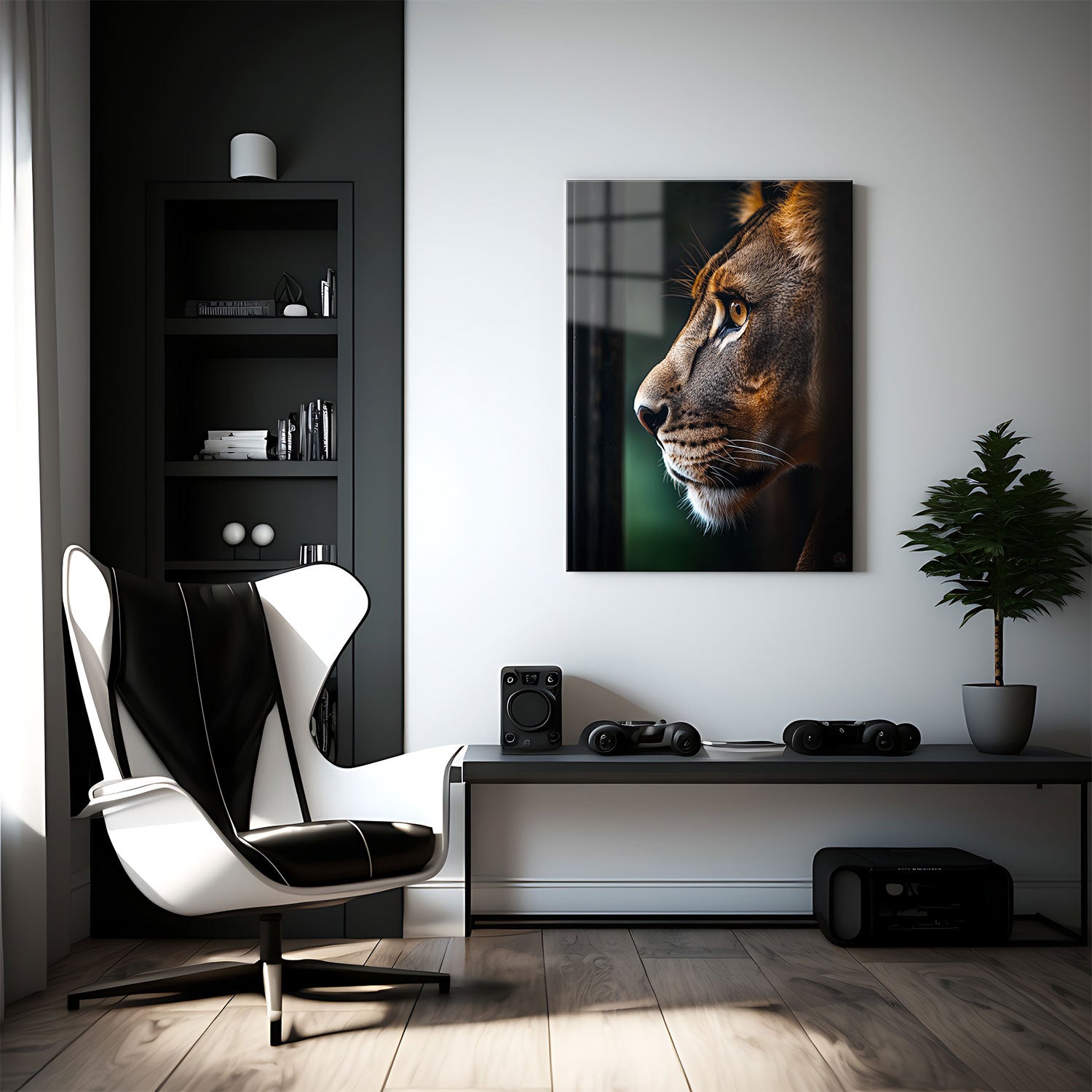 Every detail of her fur, from the fine whiskers to the textured coat, is brought into sharp relief against a dark, blurred background, emphasizing her focused expression.