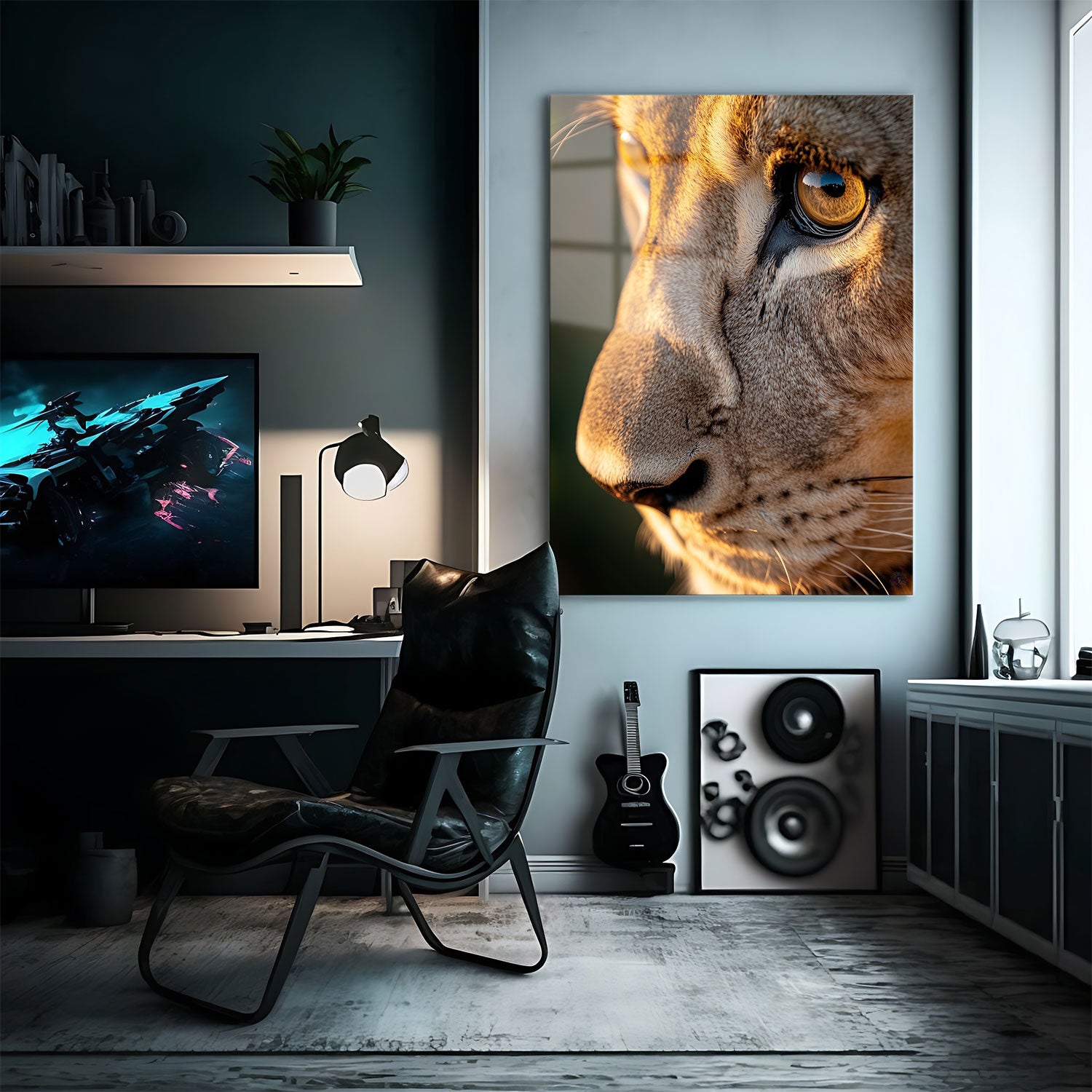 An intense close-up of a lioness’s eye, bathed in the warm glow of golden light.