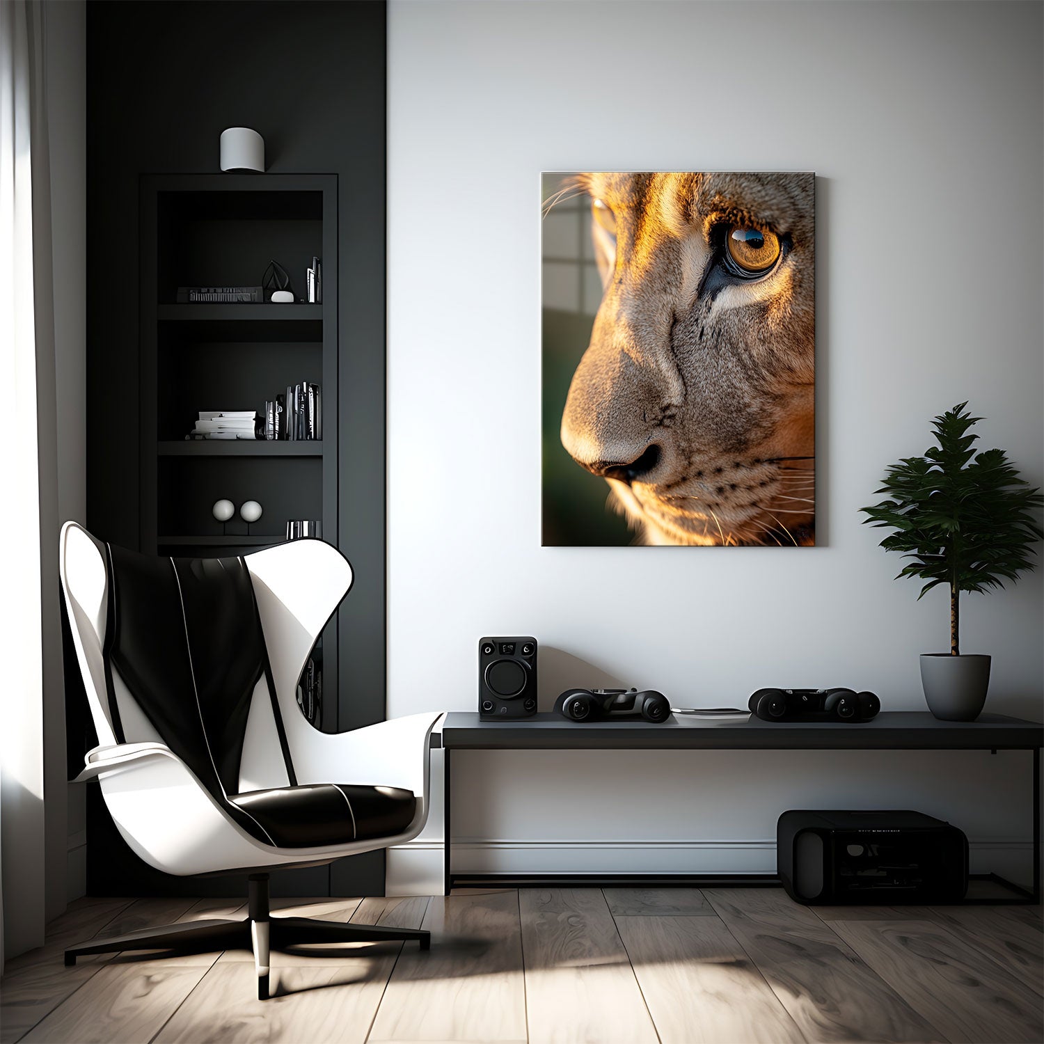 Every detail of her fur, from the textured lines around her eye to the fine whiskers, is vividly captured, showcasing the elegance and raw strength of this majestic predator.