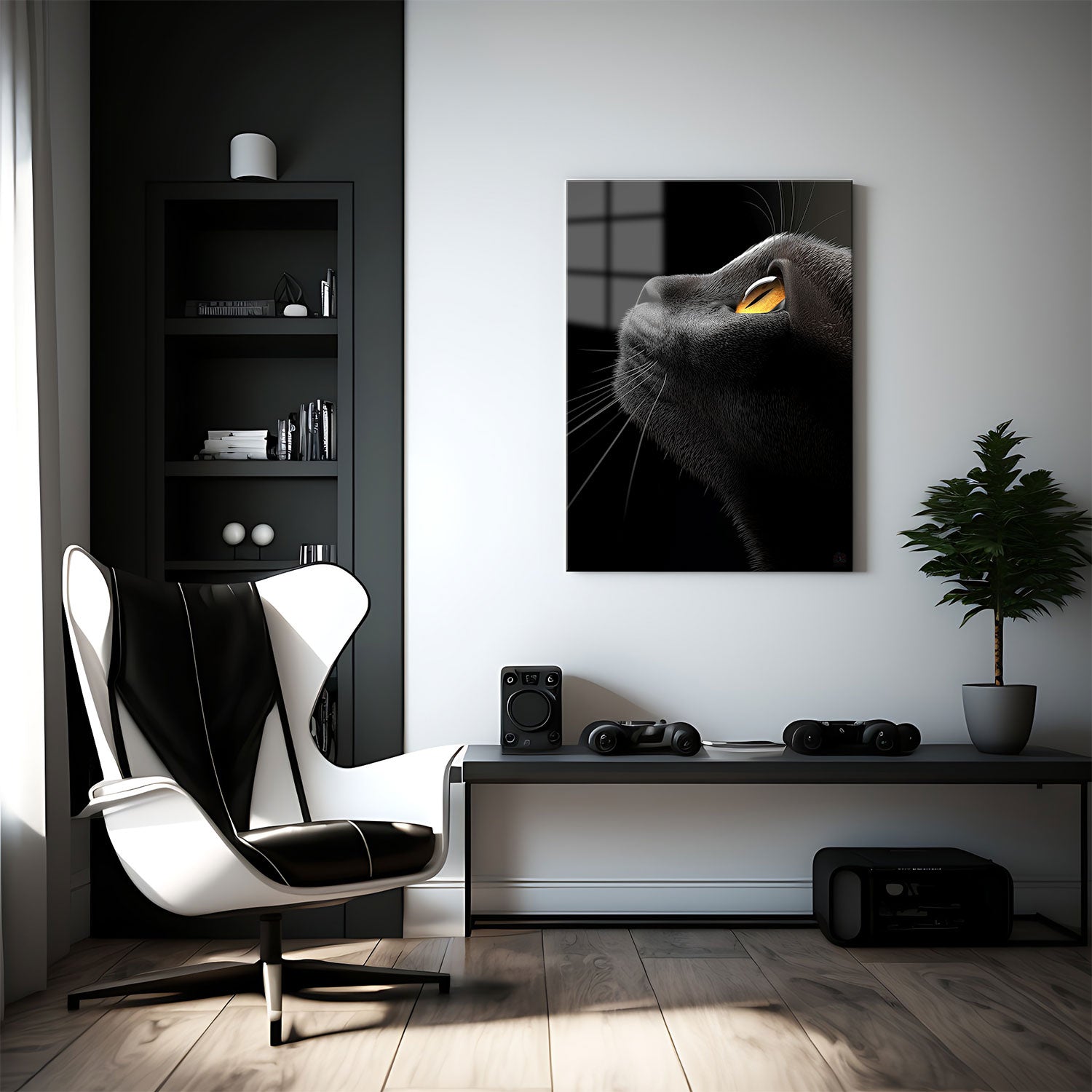 The cat’s sleek fur is rendered with fine detail, capturing the texture and mystique of this nocturnal observer.