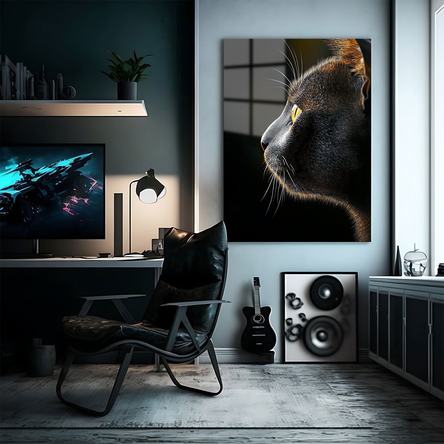 A striking side profile of a black cat, beautifully highlighted against a deep black background.