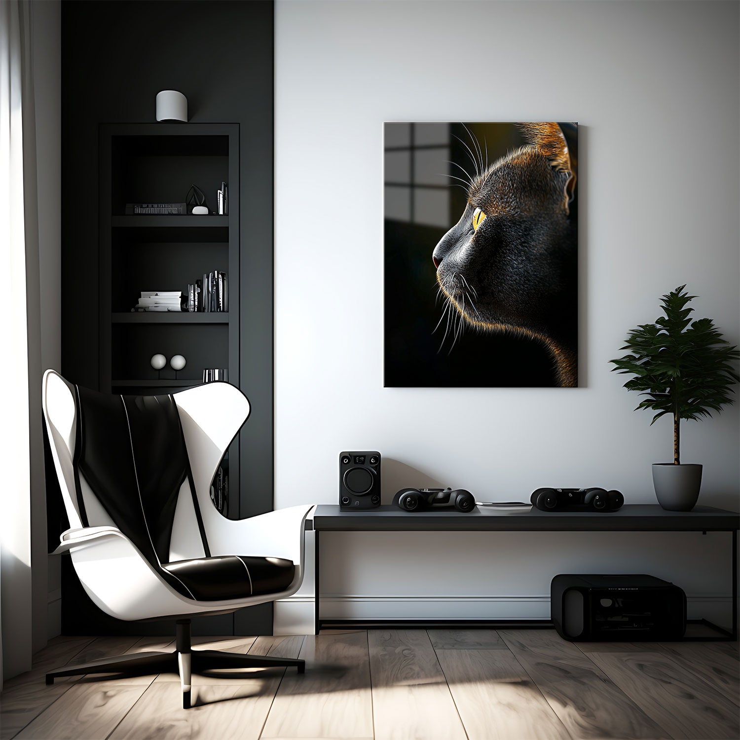 The soft light catches the golden glow in the cat's eye and the fine details of its whiskers and fur, creating a dramatic contrast.