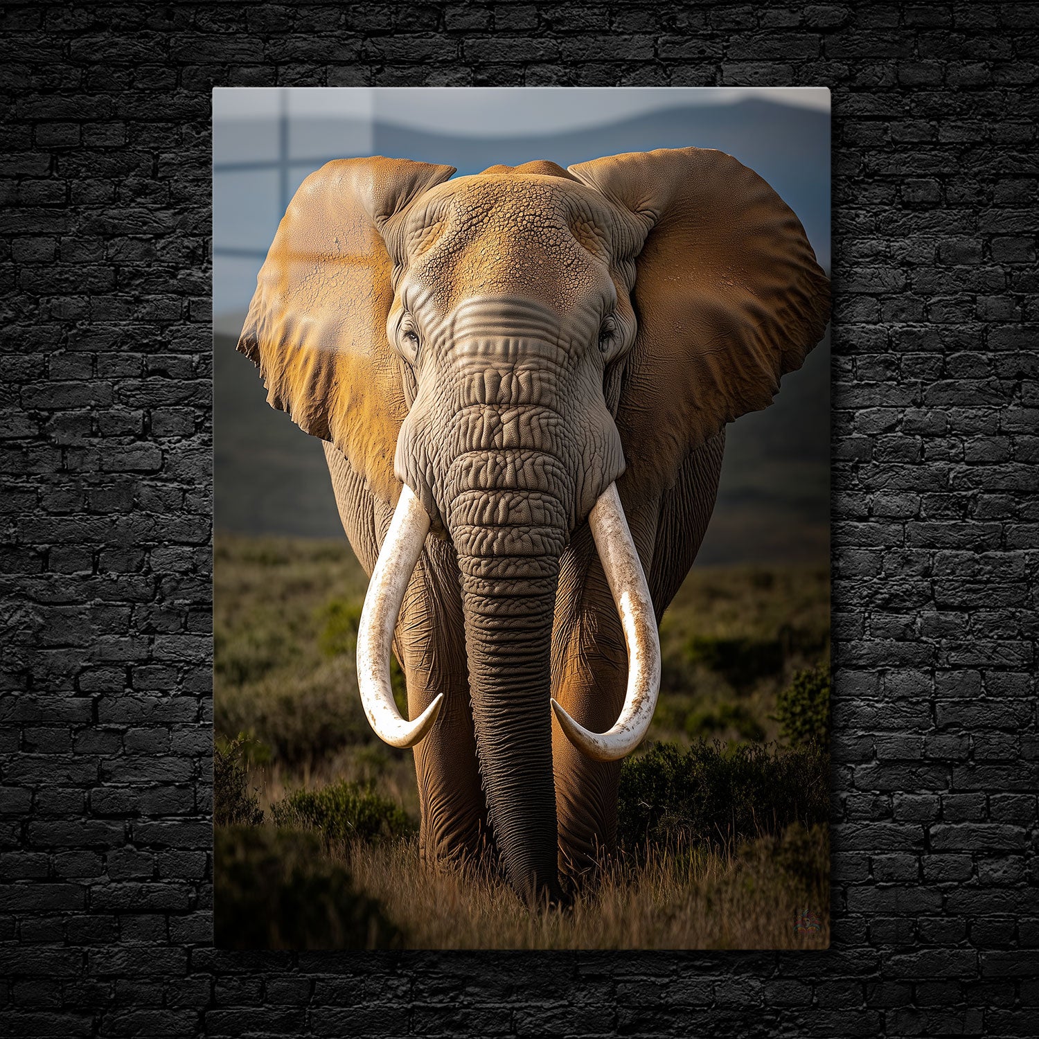 Close-up portrait of a majestic elephant with detailed skin and large tusks, standing in a natural landscape.
