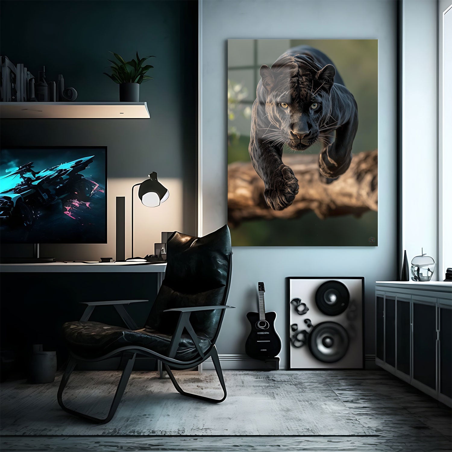 A powerful black panther captured mid-leap, eyes fiercely focused and muscles rippling under its sleek fur.