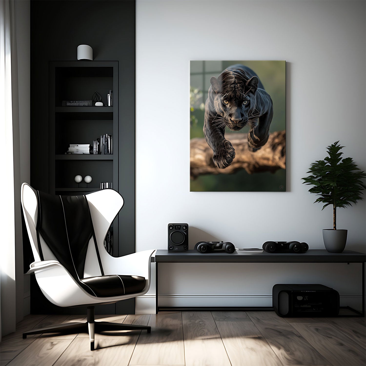 The contrast between its dark coat and the soft background draws attention to the panther's intense gaze and graceful strength, embodying both beauty and primal force.