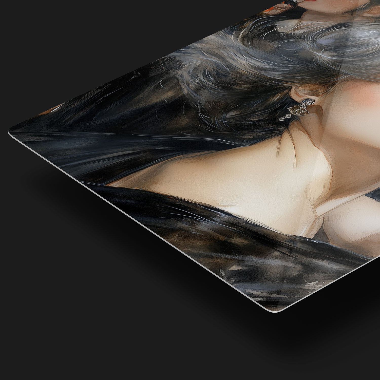 The soft textures and contrasting colors create an almost dreamlike quality, inviting viewers to admire her elegance and timeless grace.