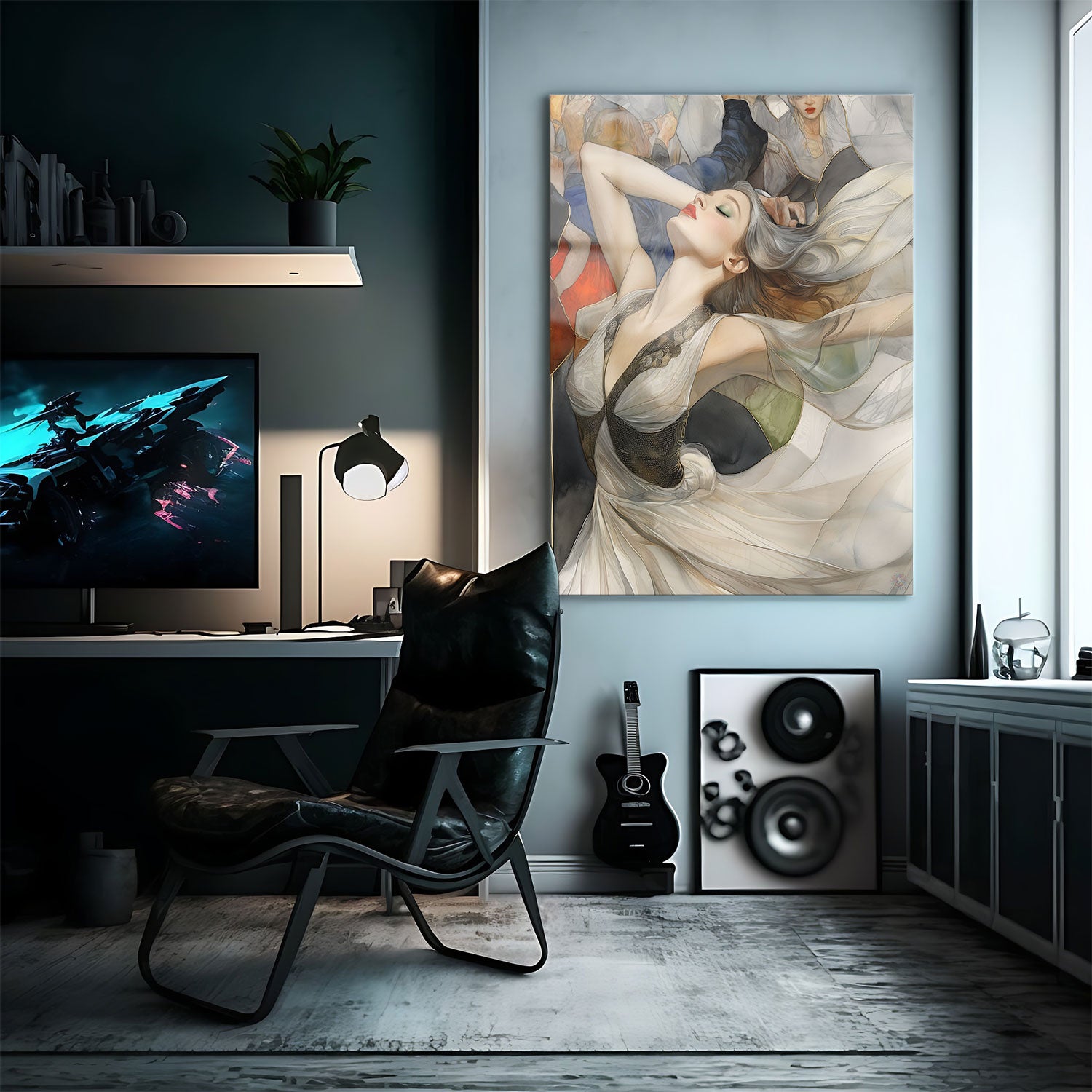 This captivating artwork features a woman draped in a flowing white gown, her arms raised gracefully as if caught in a moment of freedom and joy.