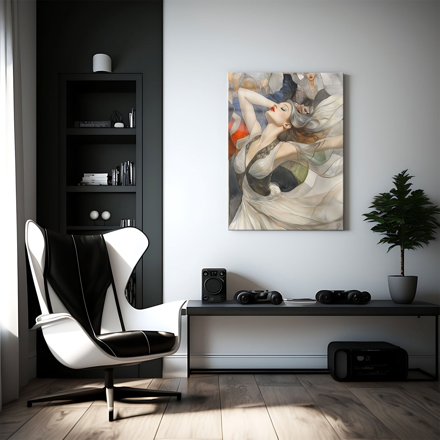 With silver-gray hair cascading down and vibrant red lips, she exudes a mesmerizing blend of elegance and passion.