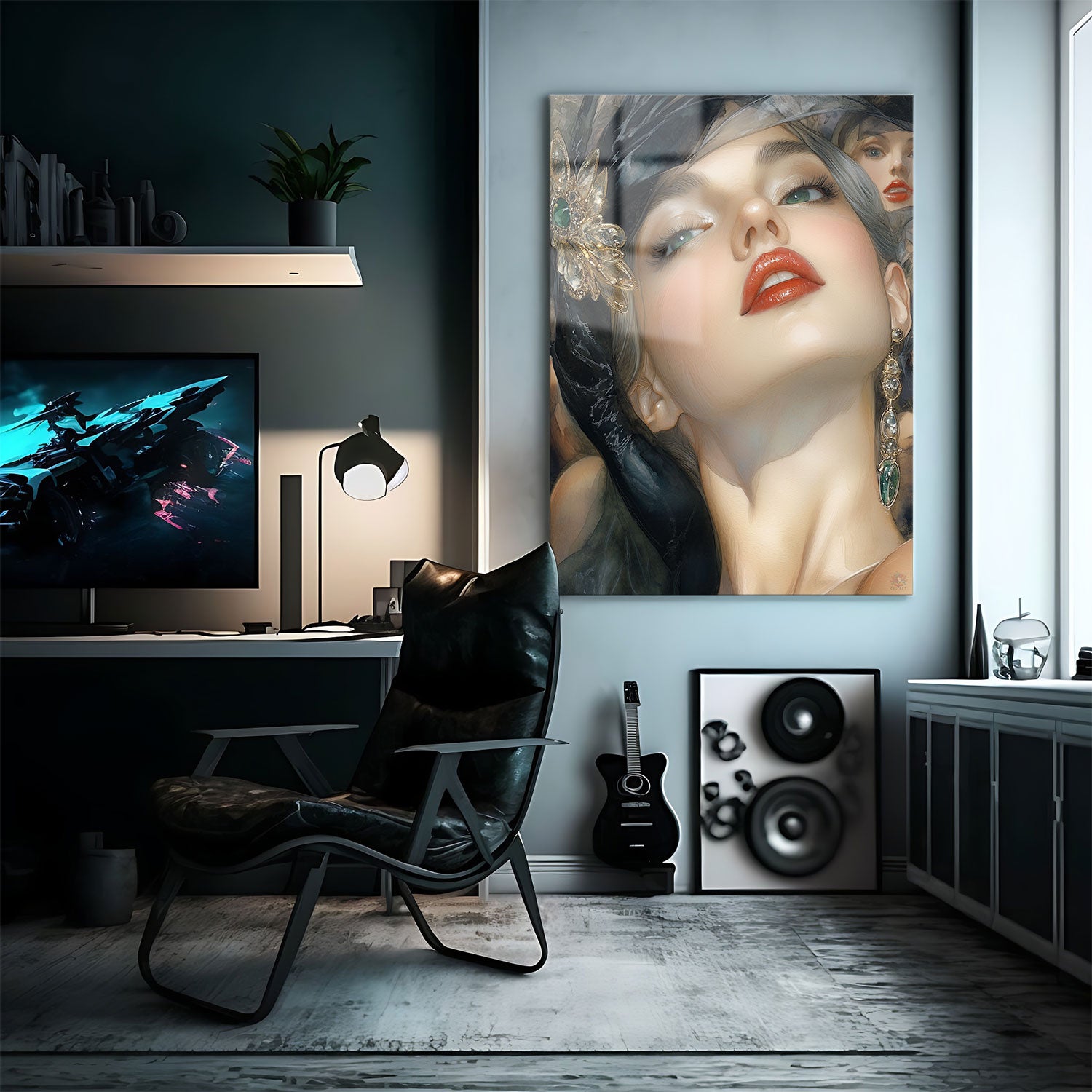 This stunning portrait captures a woman with silken silver-gray hair and emerald-green eyes, exuding elegance and confidence.