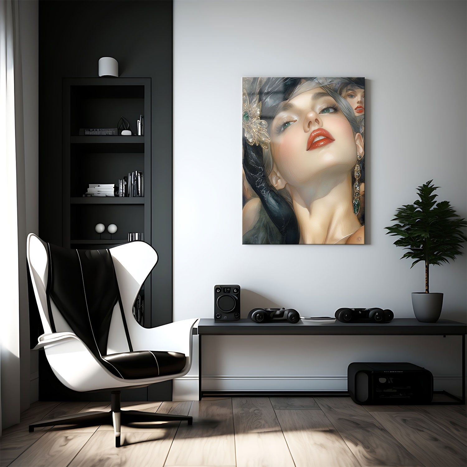 Her bold red lips and upward gaze suggest a sense of allure and power, while her glamorous attire, adorned with a jeweled hat and emerald earrings, enhances her aristocratic presence.