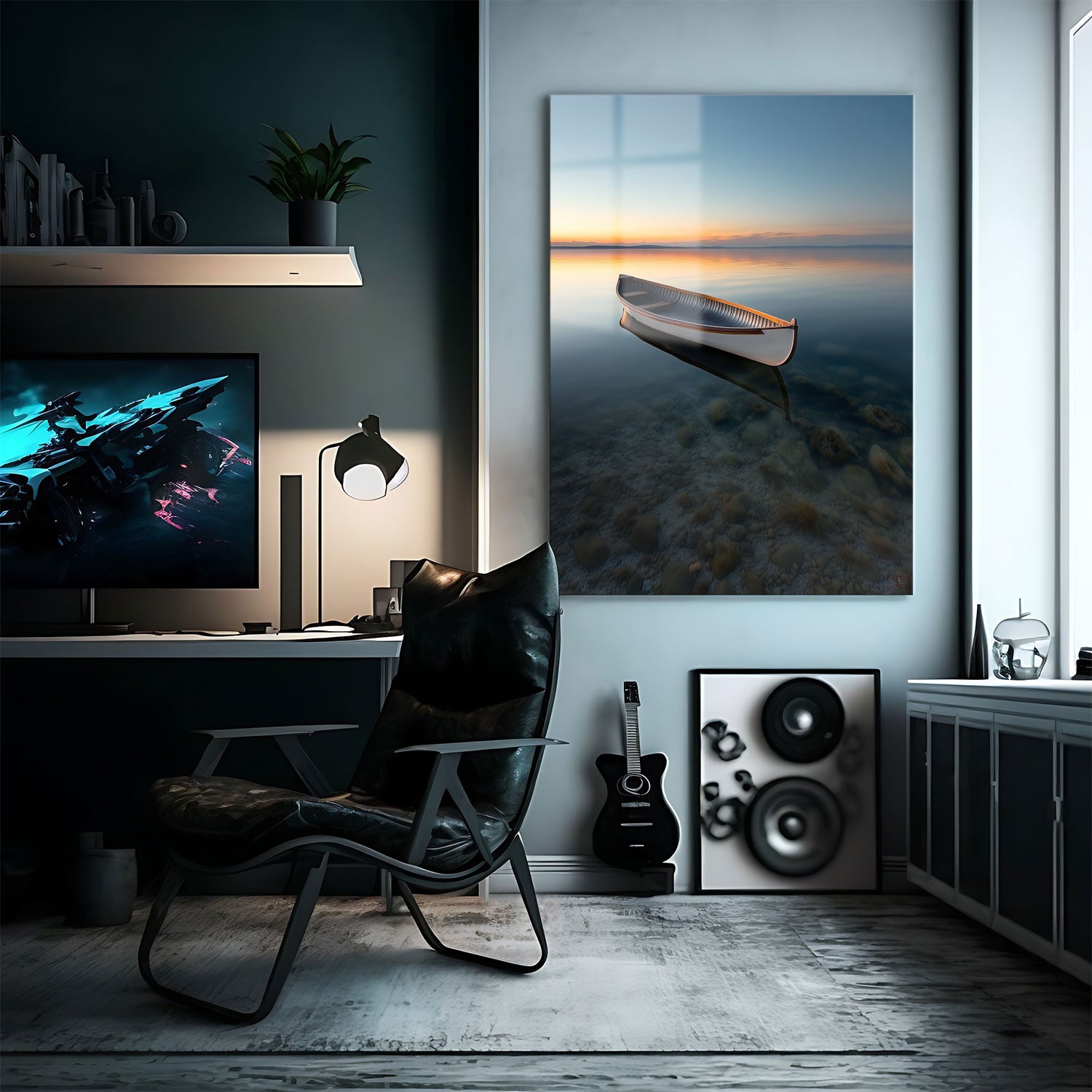 A serene artwork depicting a lone wooden boat gently floating on calm, crystal-clear water at dawn.