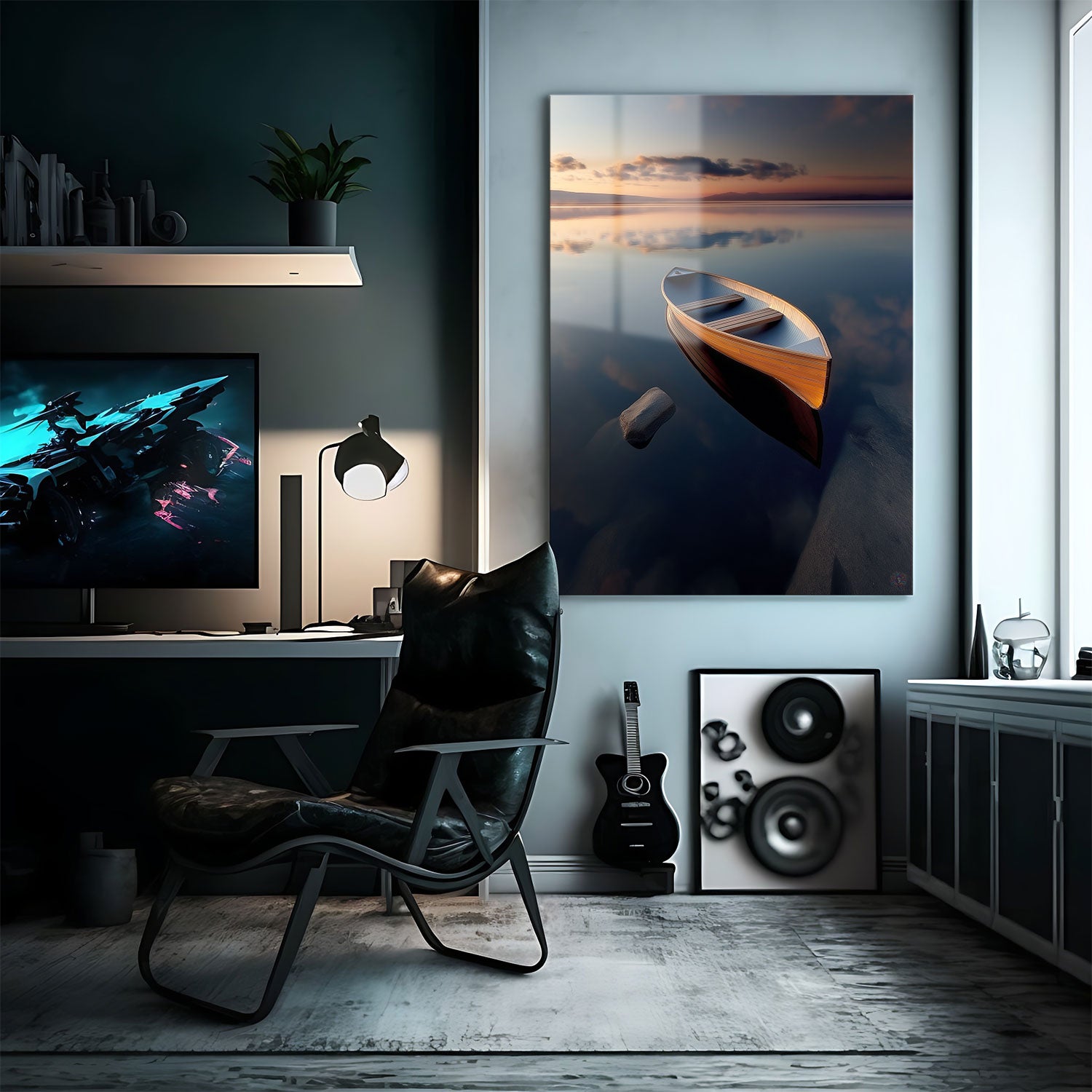 This artwork captures a solitary wooden boat resting on the still, glass-like water at sunrise.