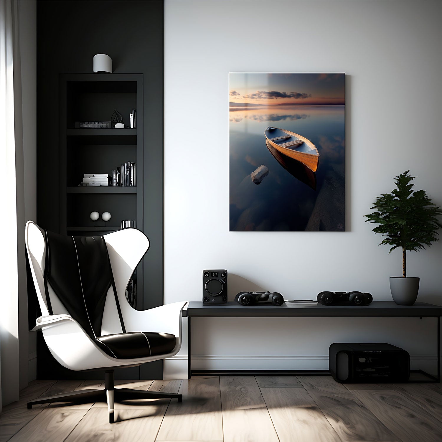 The horizon glows with warm hues of orange and pink, while soft clouds drift above, their reflections perfectly mirrored on the tranquil surface.