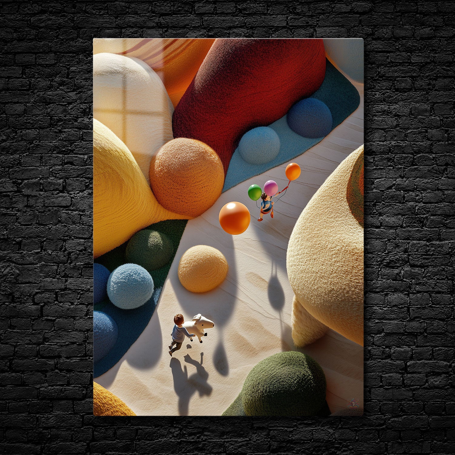 A colorful art scene of a boy holding a lamb and balloons, surrounded by textured, vibrant mounds - Metal Print