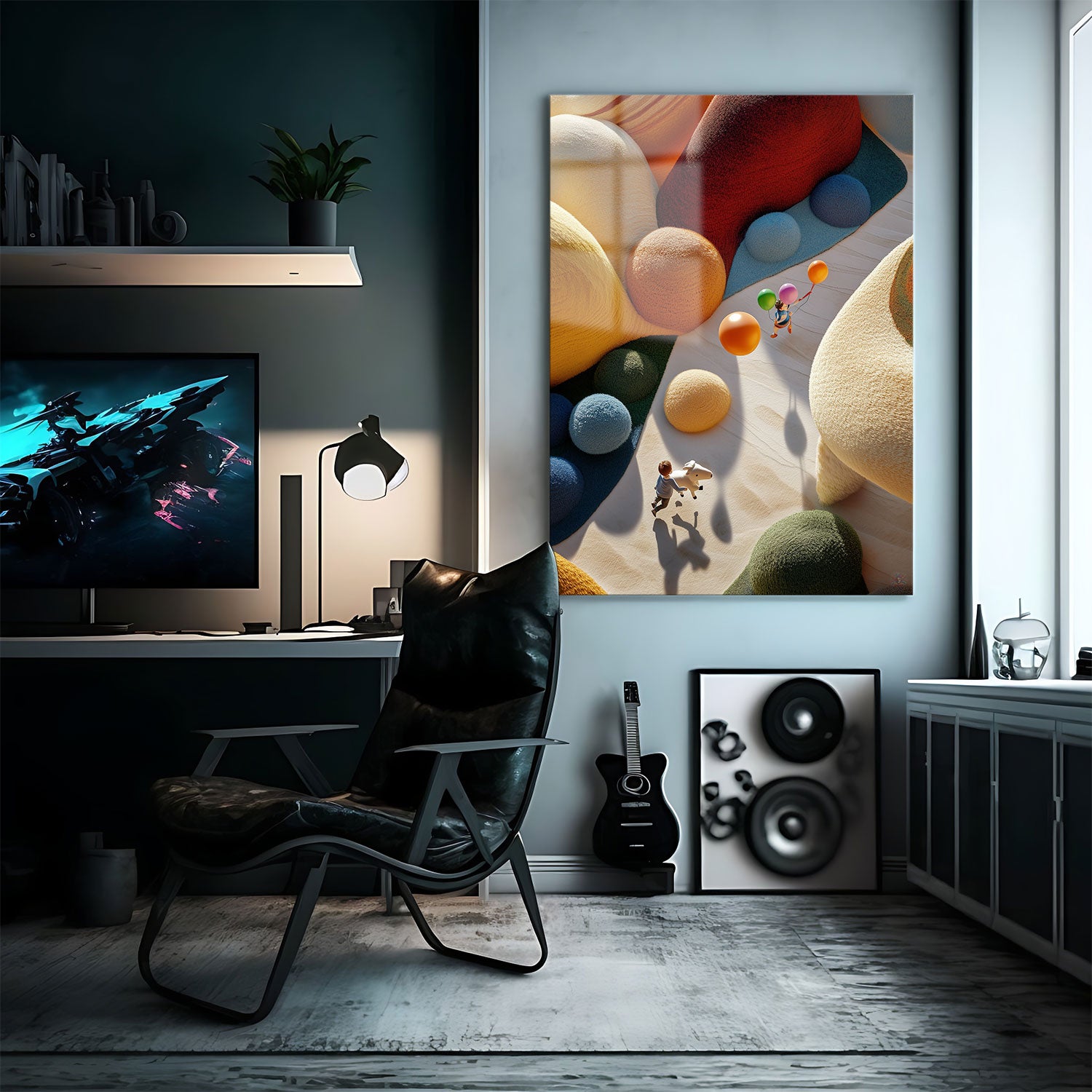 A whimsical and vibrant scene of a child exploring a dreamy landscape filled with colorful, textured mounds - Metal Print