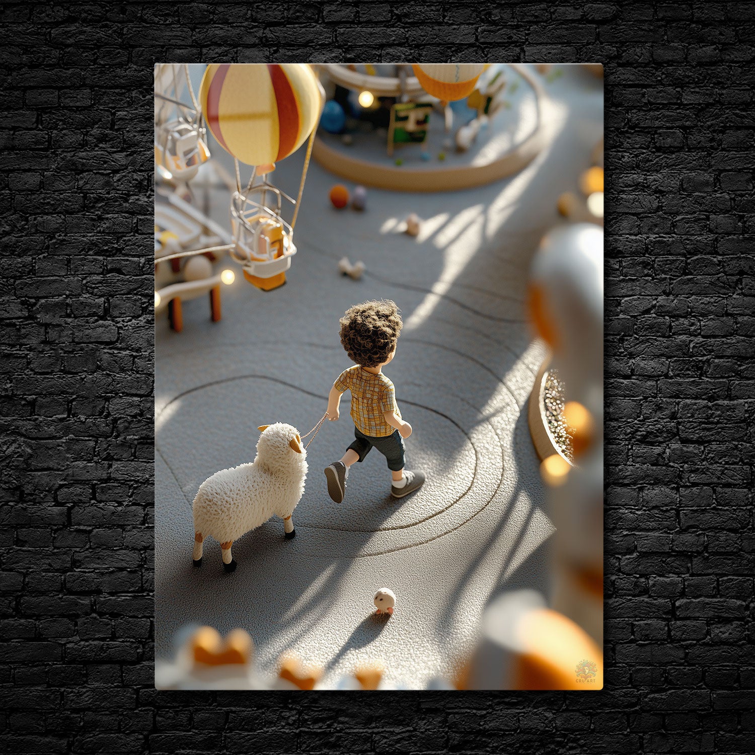 A boy walking with a fluffy lamb in a whimsical setting with hot air balloons and playful shadows - Metal Print