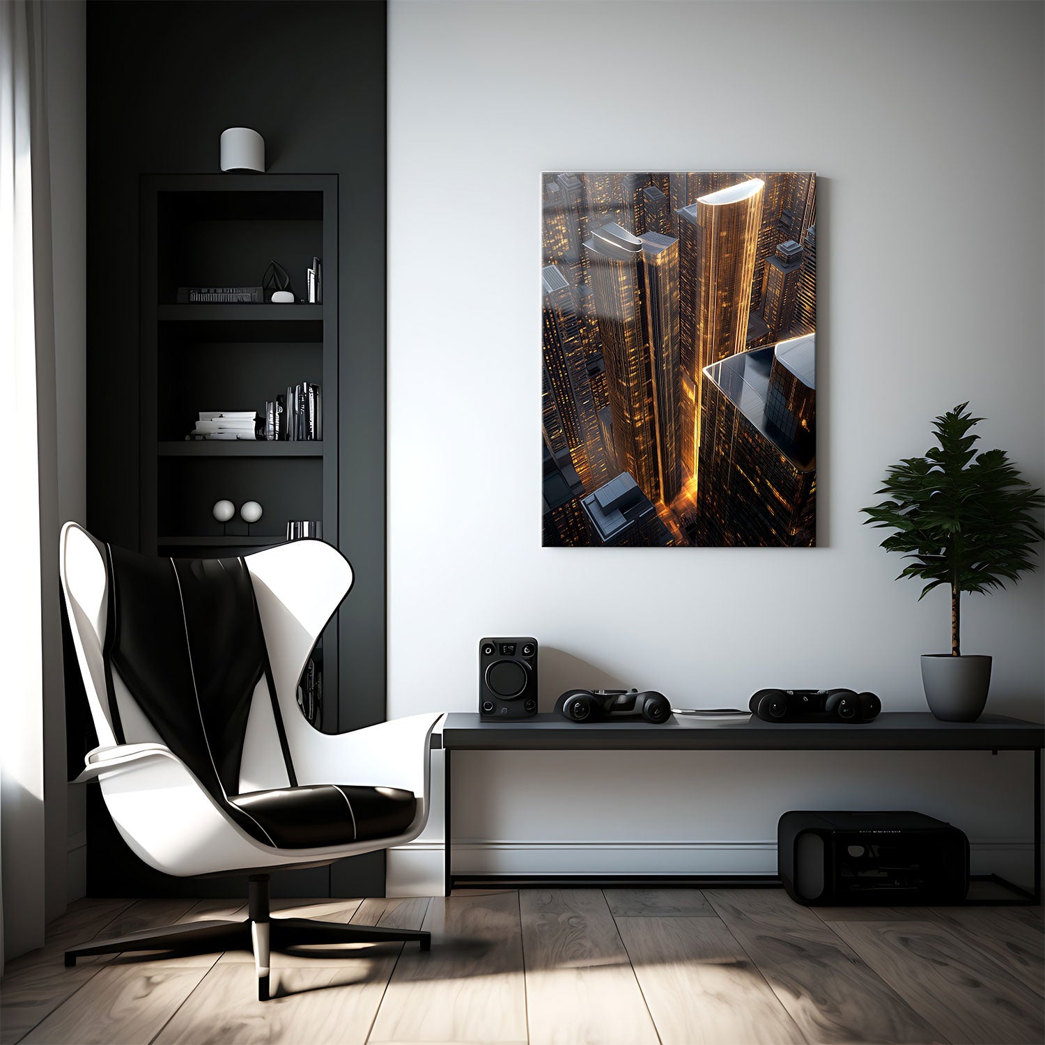 The sleek, reflective surfaces of the buildings capture the warm glow, creating a mesmerizing contrast against the dark cityscape.