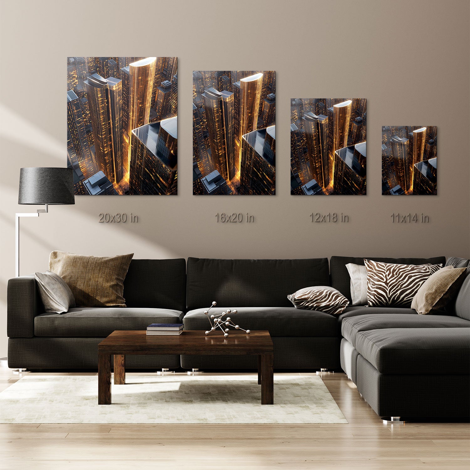 This artwork beautifully portrays the energy and elegance of a modern metropolis at dusk, with lines of light guiding the eye through an intricate architectural landscape