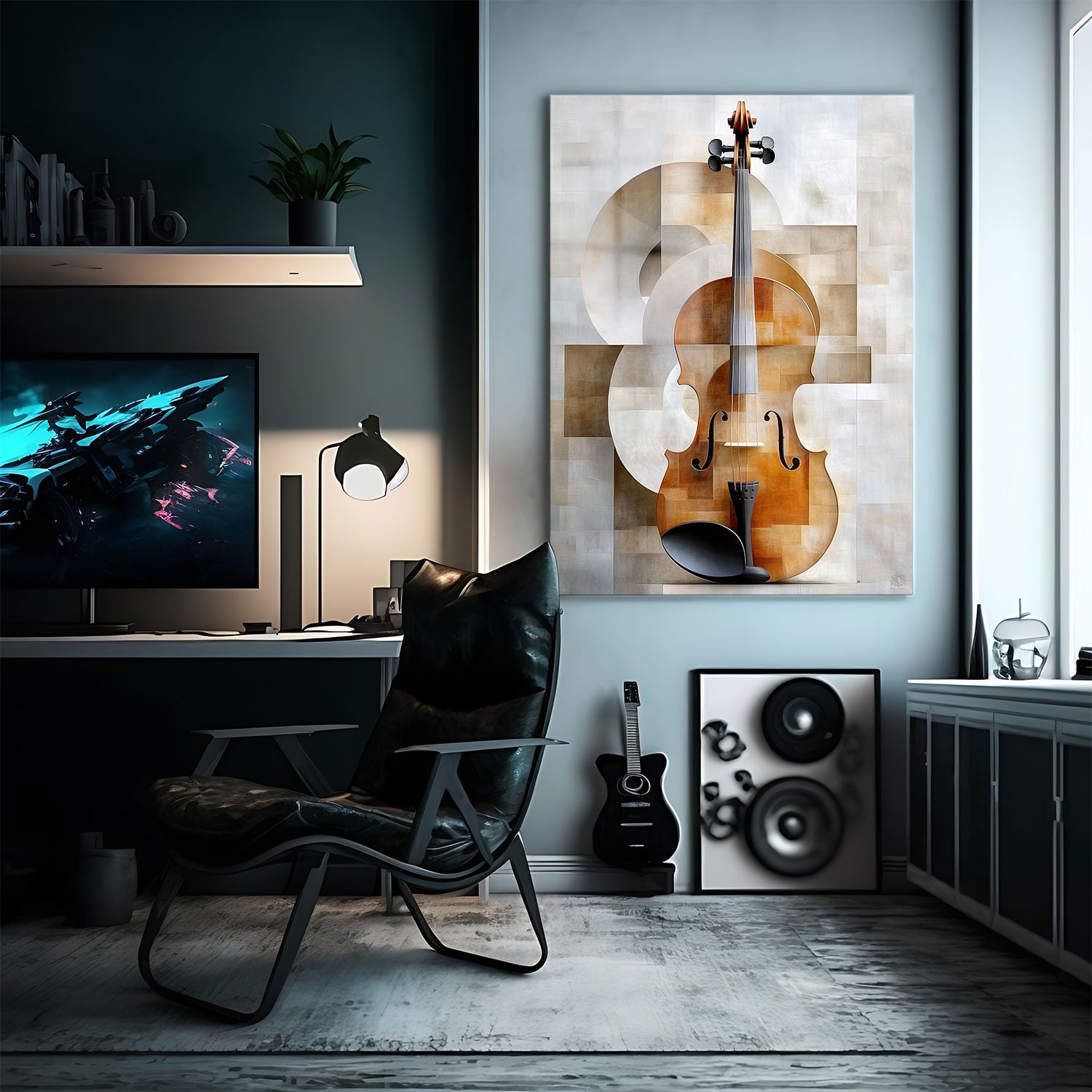This refined metal print showcases an abstract interpretation of a classic violin. - Metal Print