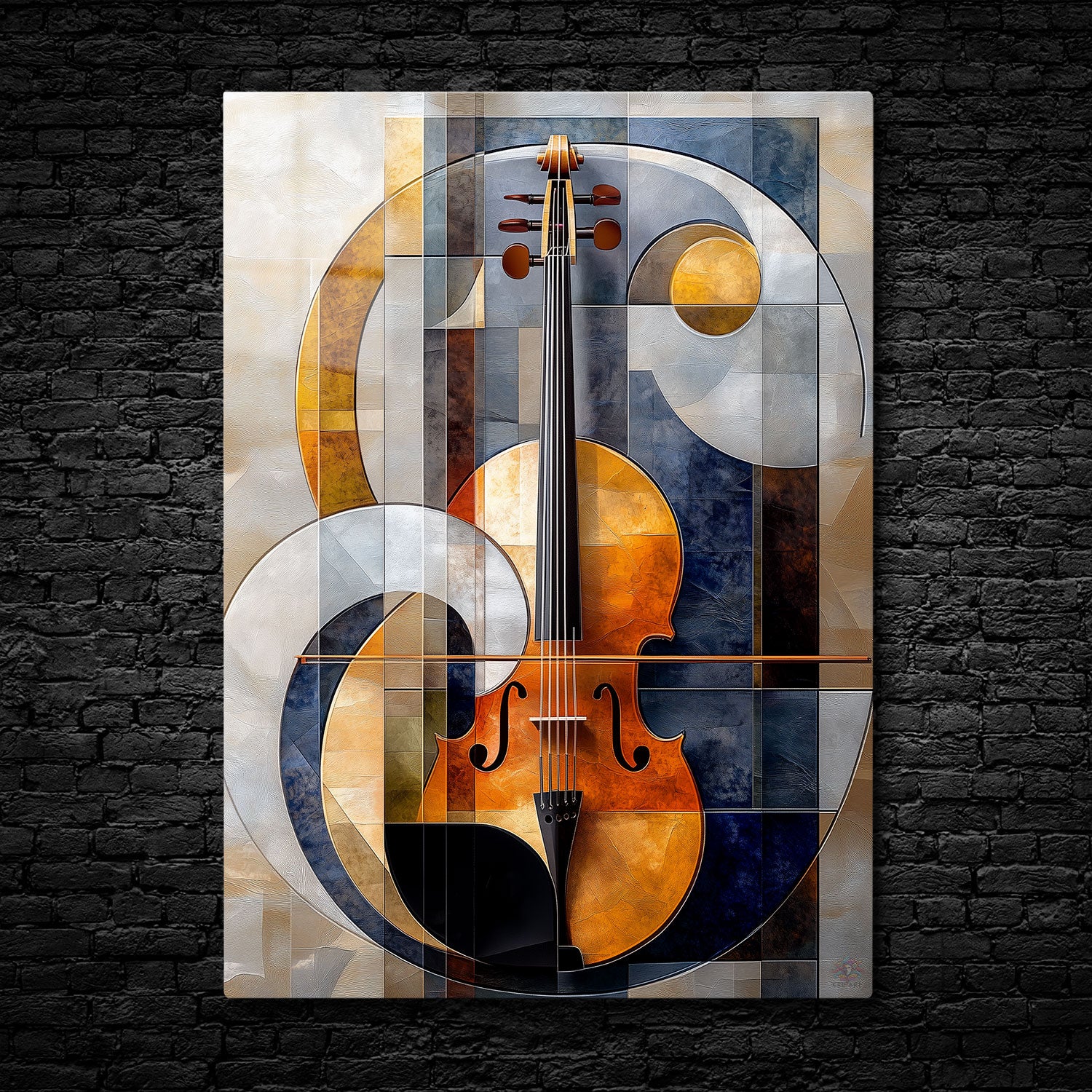 Abstract artwork of a violin in warm golden tones with a geometric and circular background - Metal Print