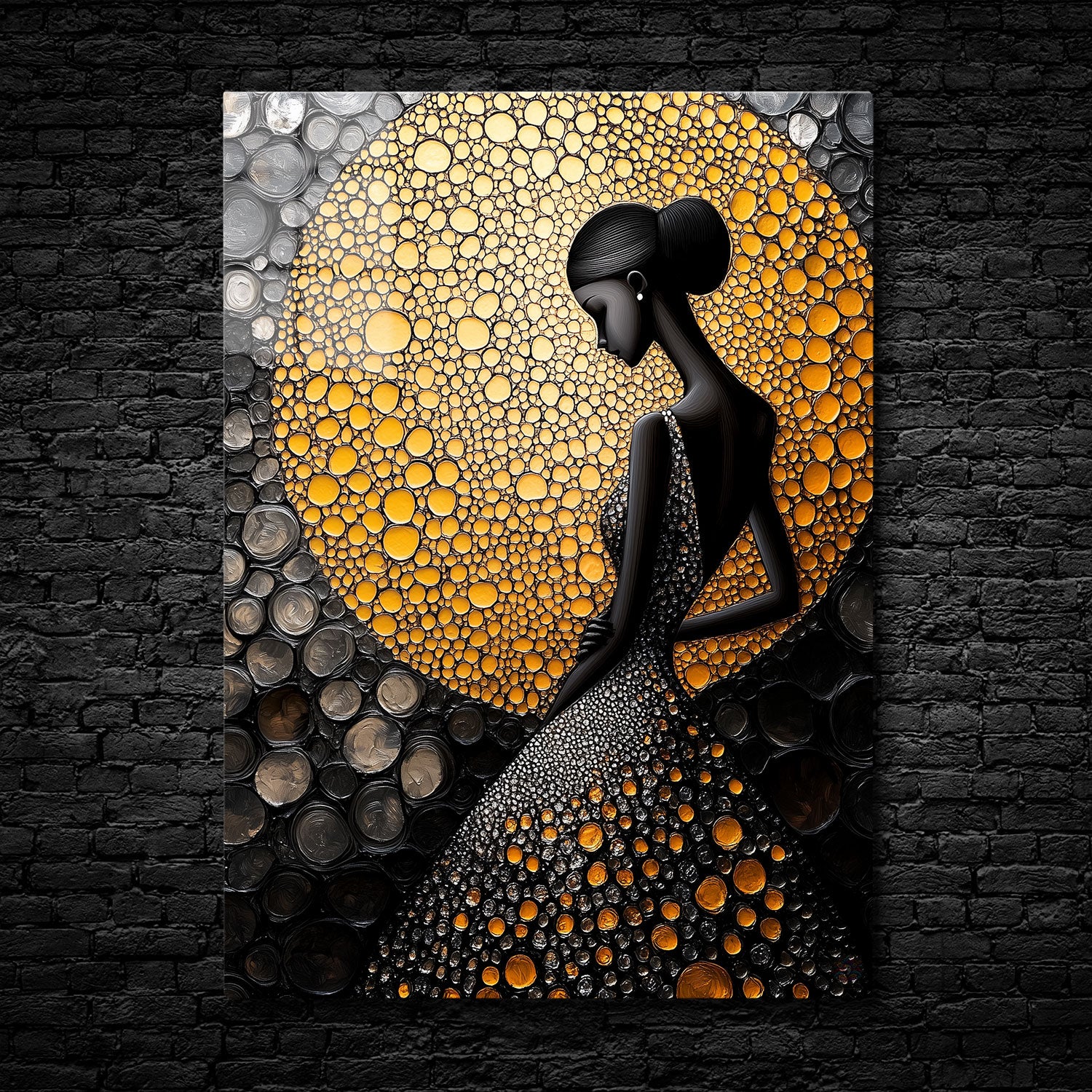 Elegant black silhouette of a woman against a golden circular textured background.