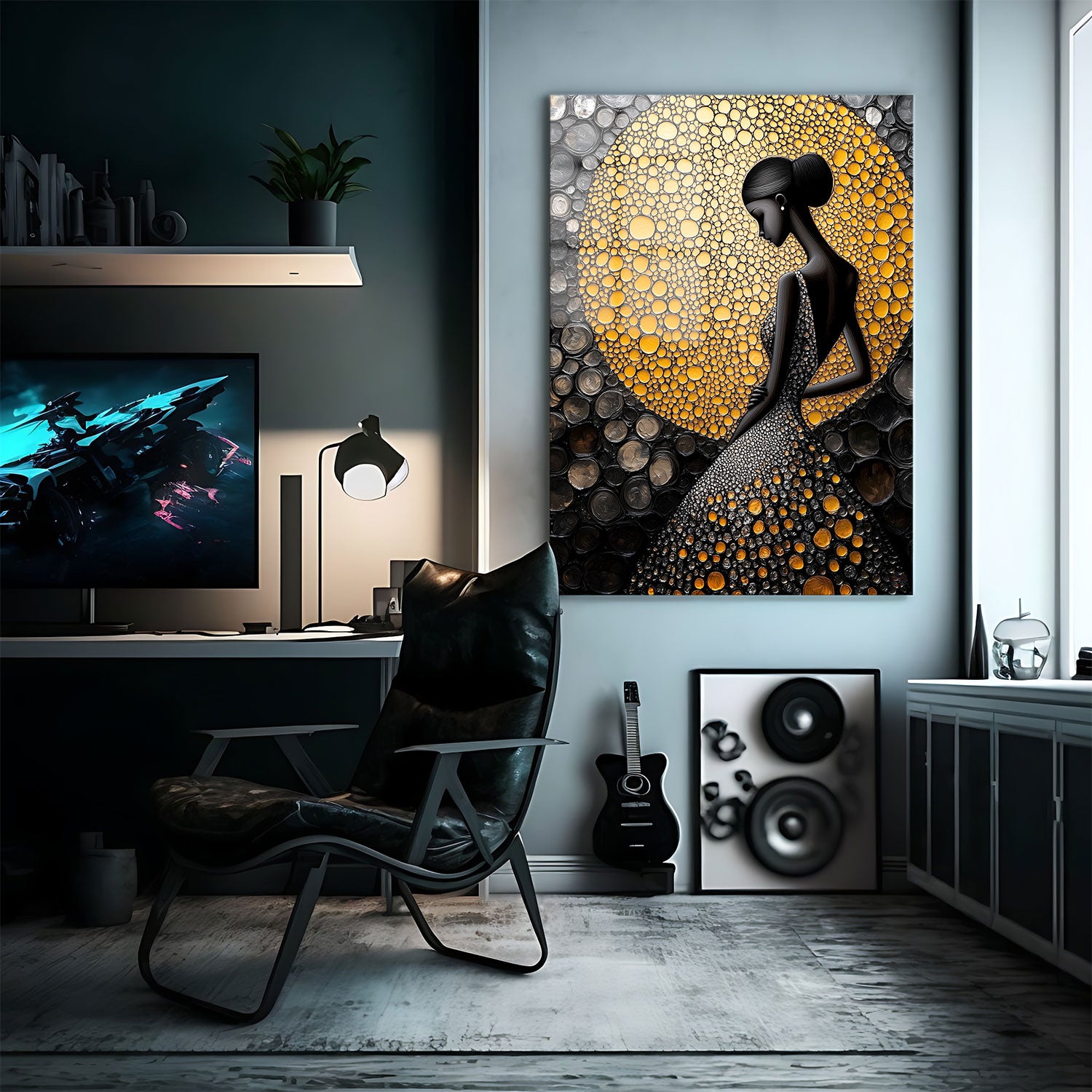 Luxurious abstract art featuring a woman in a shimmering gown surrounded by golden orbs.