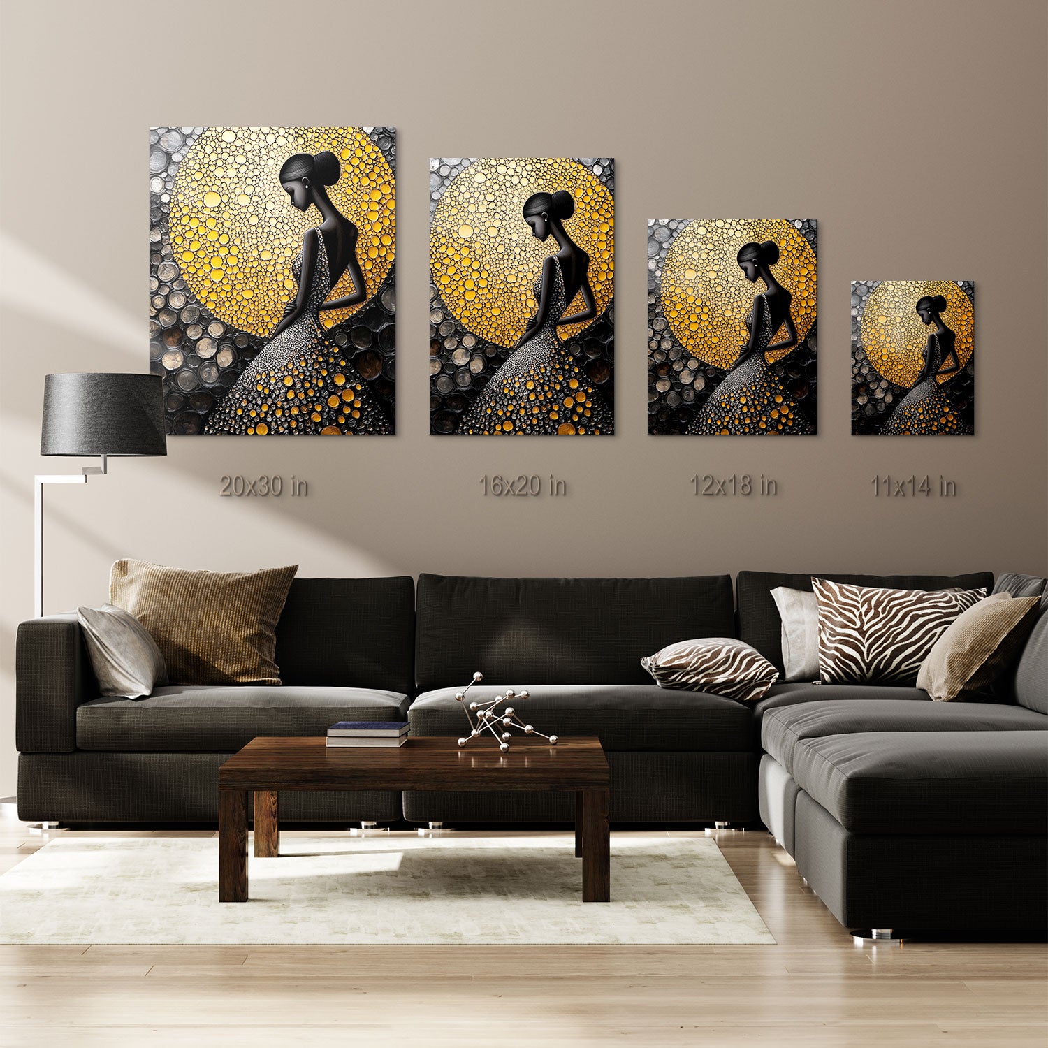 Stunning gold and black modern art piece with a sophisticated woman in a detailed dress.