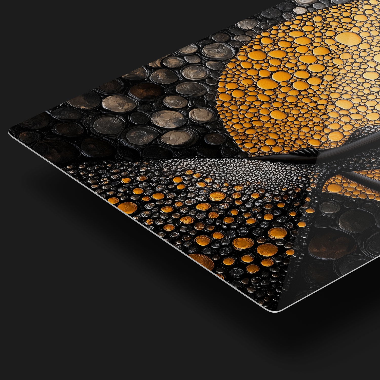 The intricate circular textures create a hypnotic interplay of light and shadow, enhancing the grace and sophistication of the subject.