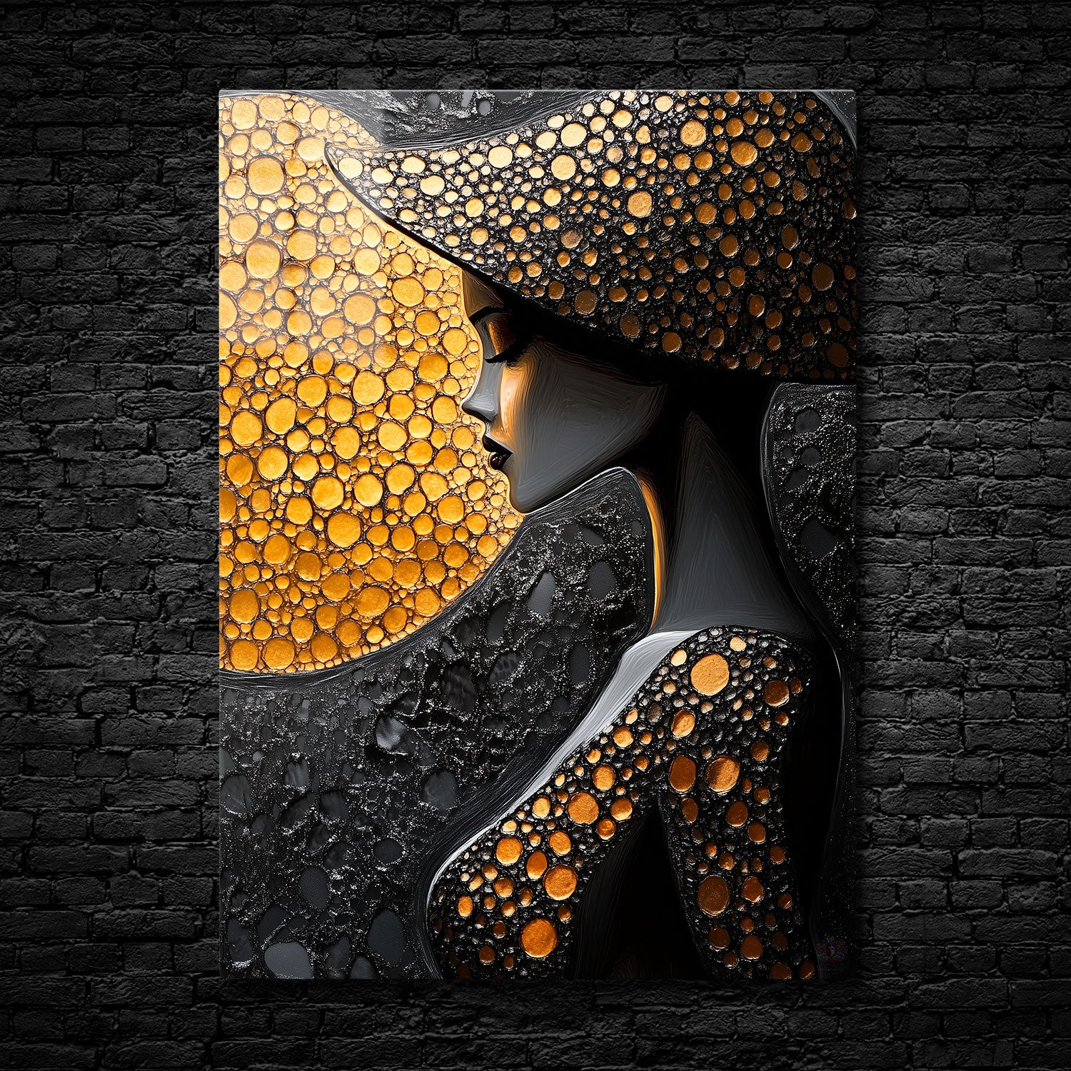 Abstract black and gold portrait of a woman in a wide-brimmed hat with textured golden patterns.