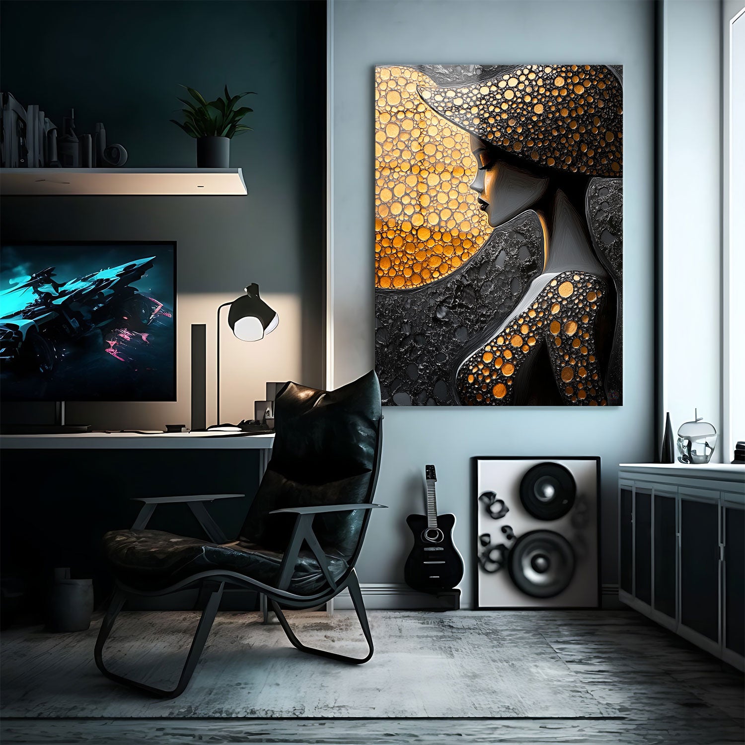 Elegant silhouette of a mysterious woman with a radiant golden sun in the background.