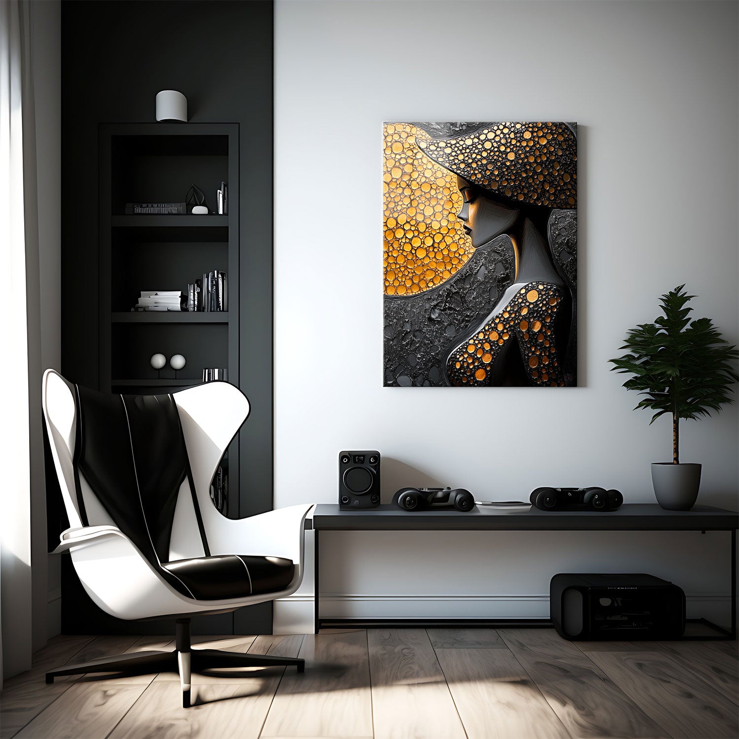 Modern luxury artwork featuring a stylish feminine figure with intricate golden circular textures.