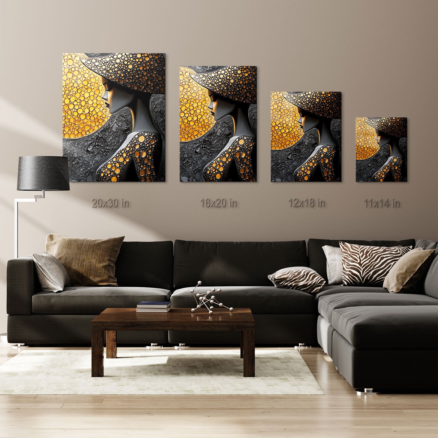 High-contrast digital painting of a woman in a textured golden dress and hat against a dark backdrop.