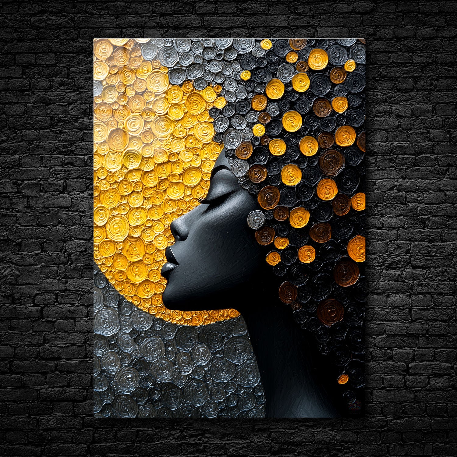 Abstract digital painting of a black and gold feminine silhouette with intricate swirling textures.