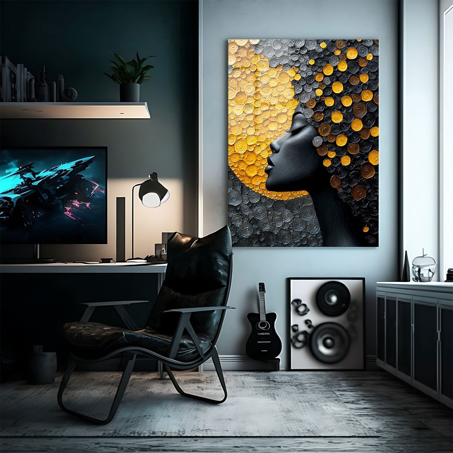 Elegant profile of a woman with golden and silver circular patterns forming her hair and background.