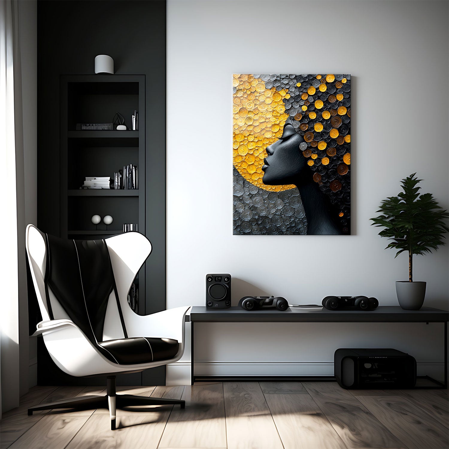 Modern luxury artwork featuring a serene female figure in black and gold with mesmerizing textures.