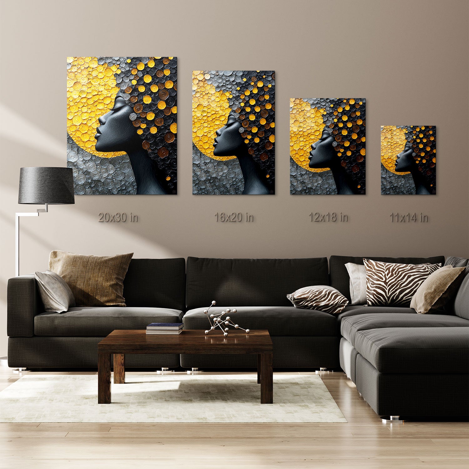 High-contrast artistic portrait of a woman with radiant golden swirls in her hair against a dark background.