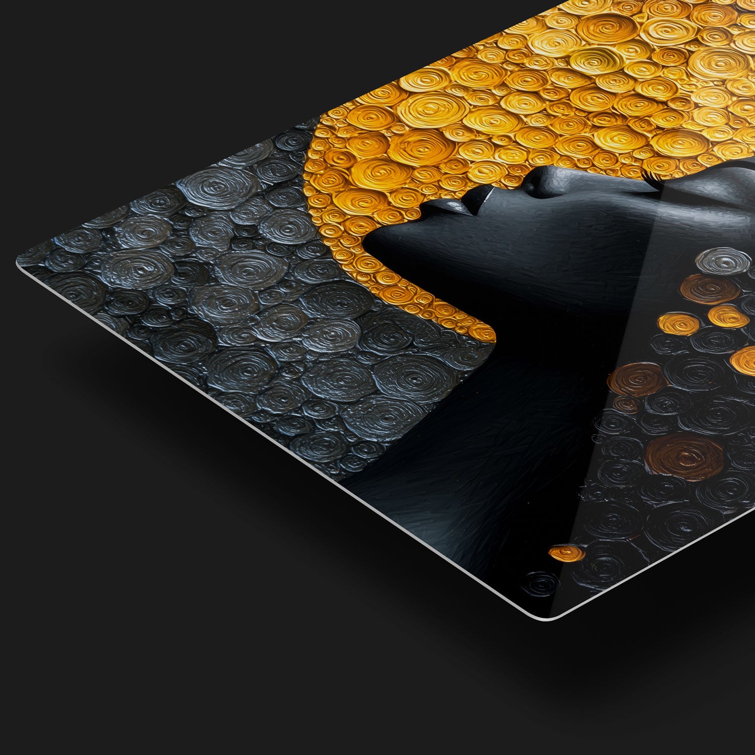 The intricate circular patterns create a stunning contrast, evoking a sense of radiance and empowerment.